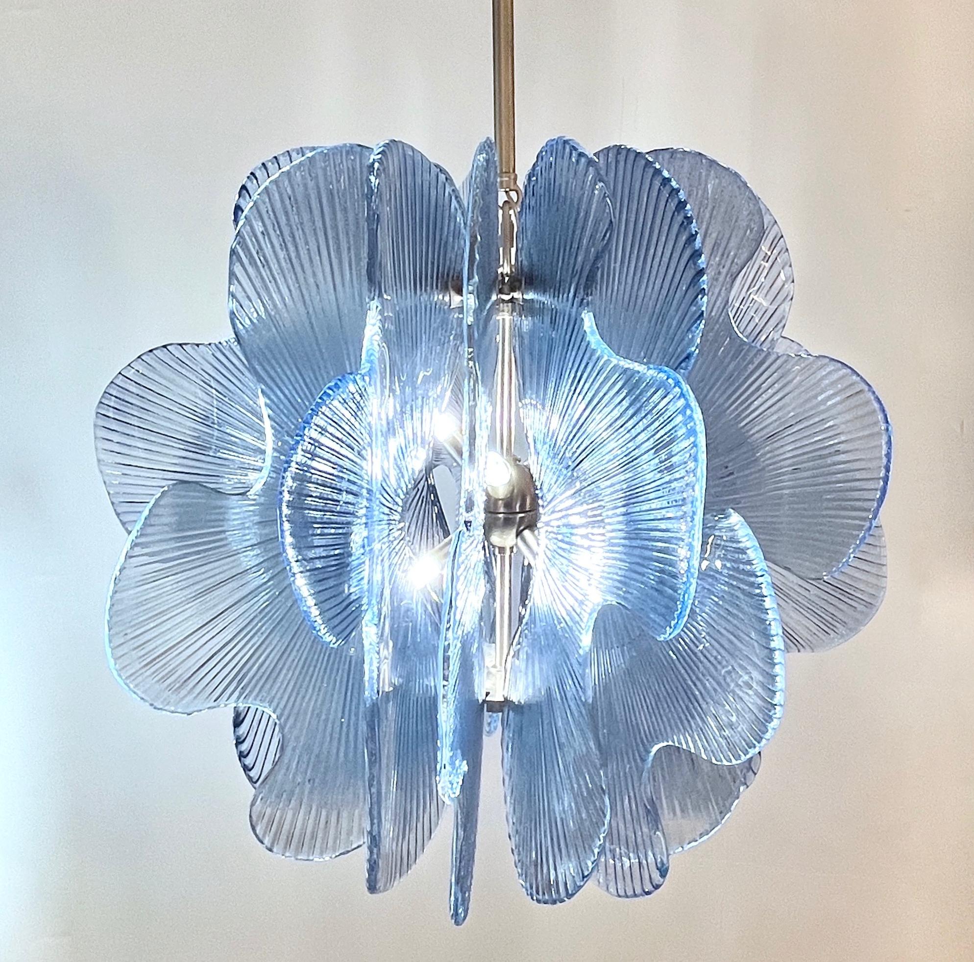 Modern Italian Wavy Blue Textured Murano Glass Satin Nickel Pendant/Chandelier For Sale 11