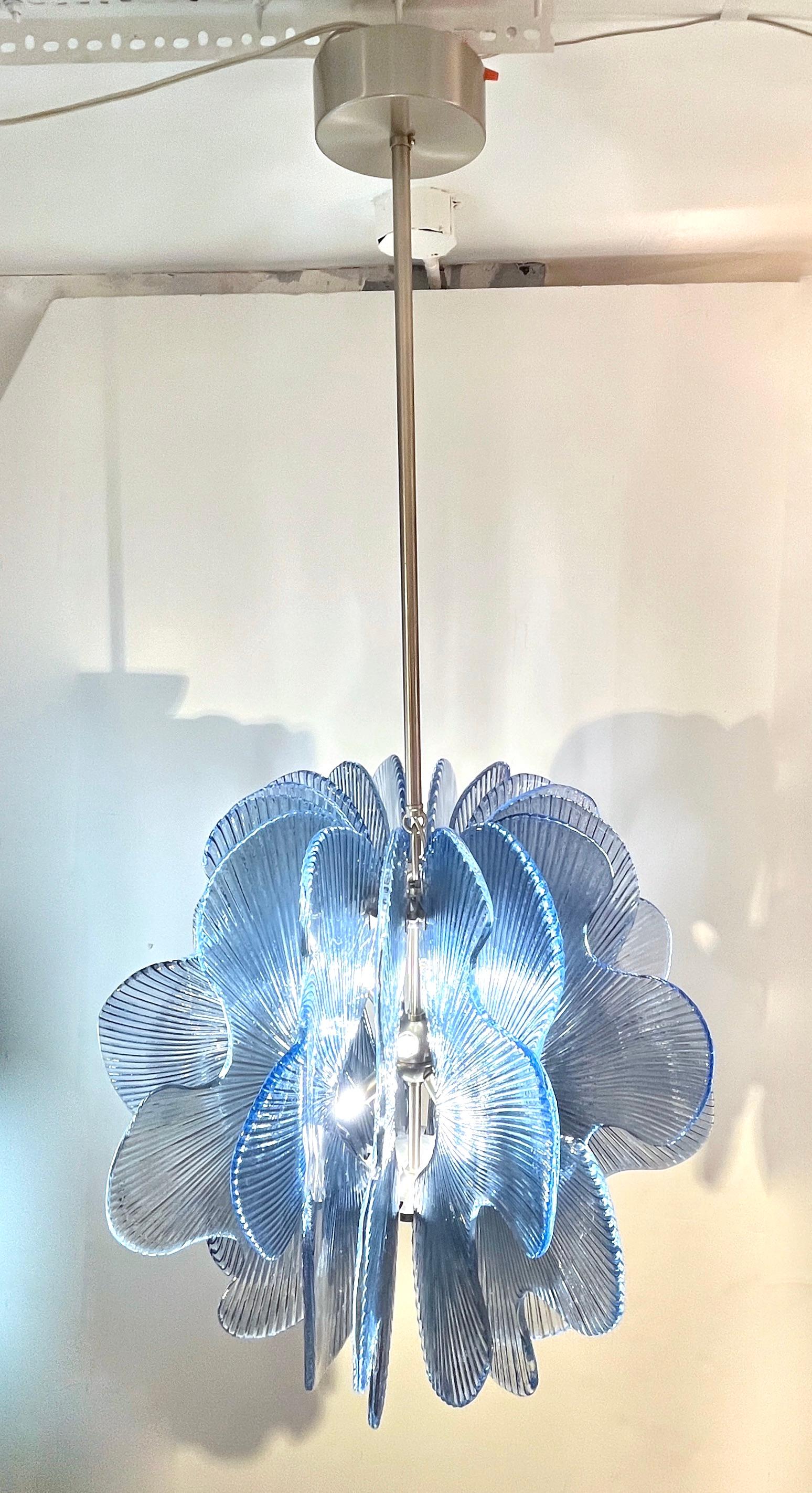 Modern Italian Wavy Blue Textured Murano Glass Satin Nickel Pendant/Chandelier For Sale 13