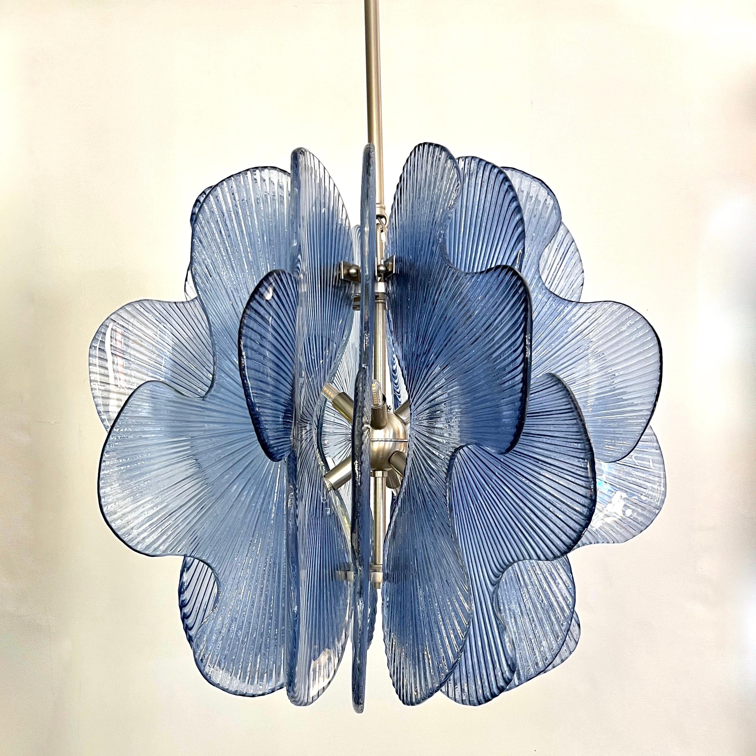 Organic Modern Modern Italian Wavy Blue Textured Murano Glass Satin Nickel Pendant/Chandelier For Sale