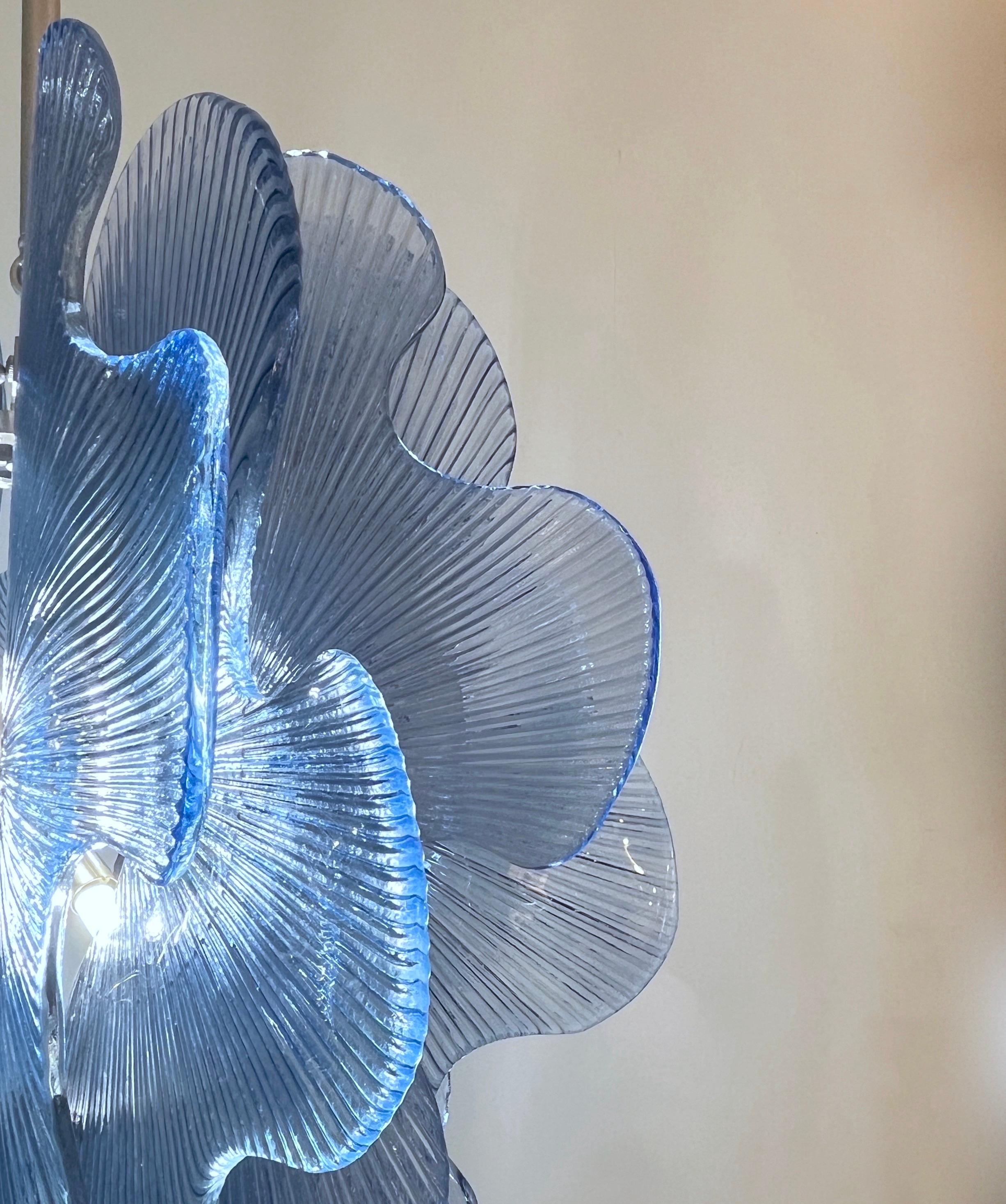 Brushed Modern Italian Wavy Blue Textured Murano Glass Satin Nickel Pendant/Chandelier For Sale