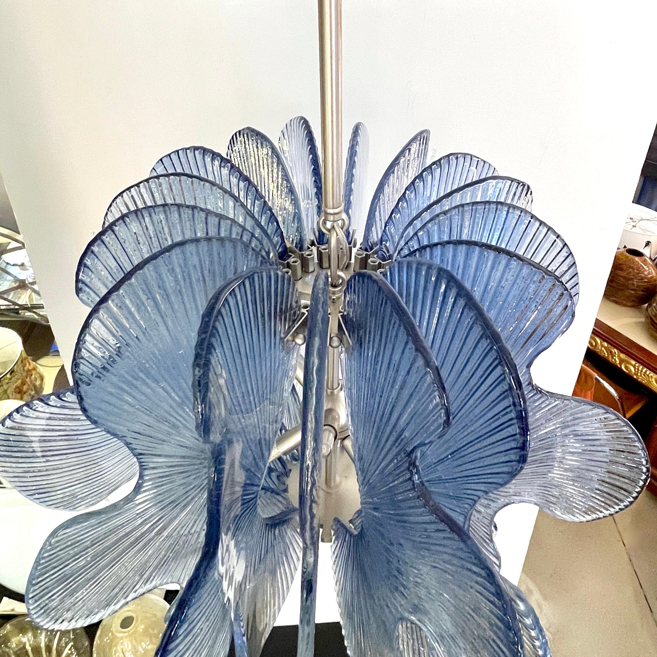 Art Glass Modern Italian Wavy Blue Textured Murano Glass Satin Nickel Pendant/Chandelier For Sale