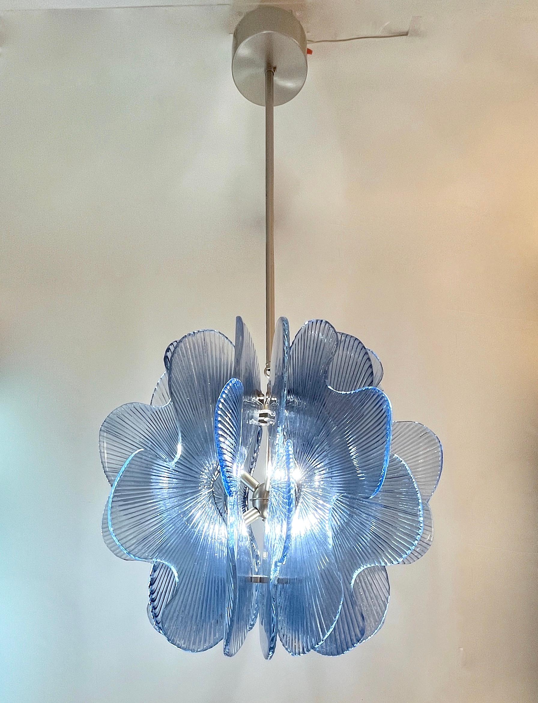 Modern Italian Wavy Blue Textured Murano Glass Satin Nickel Pendant/Chandelier For Sale 2