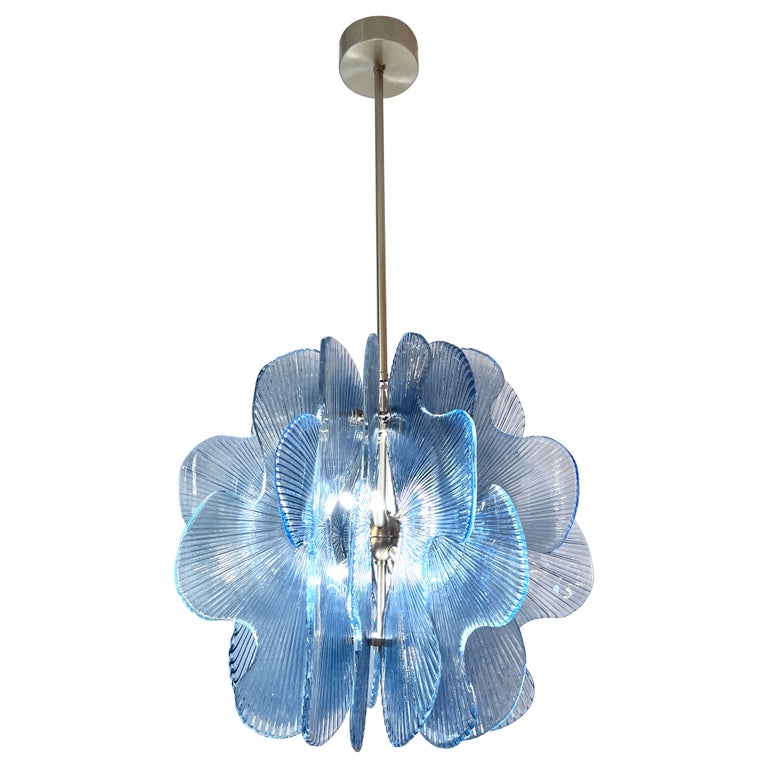 Lustre Murano 6 Lumières, Verre De Murano Et Cristal, Or Et Bleu Clair
