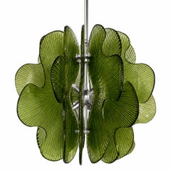 Colgante moderno italiano ondulado de cristal de Murano con textura verde oliva y níquel satinado