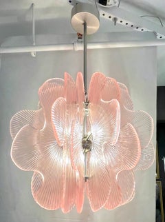 Lustre/lustre italien moderne en verre de Murano texturé rose marine et nickel satiné