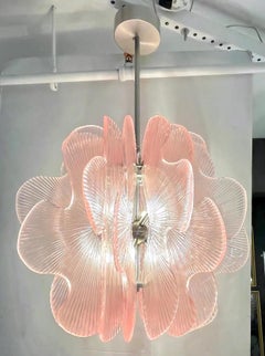 Modern Italian Wavy Pink Textured Murano Glass Satin Nickel Pendant/Chandelier