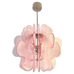 Modern Italian Wavy Pink Textured Murano Glass Satin Nickel Pendant/Chandelier