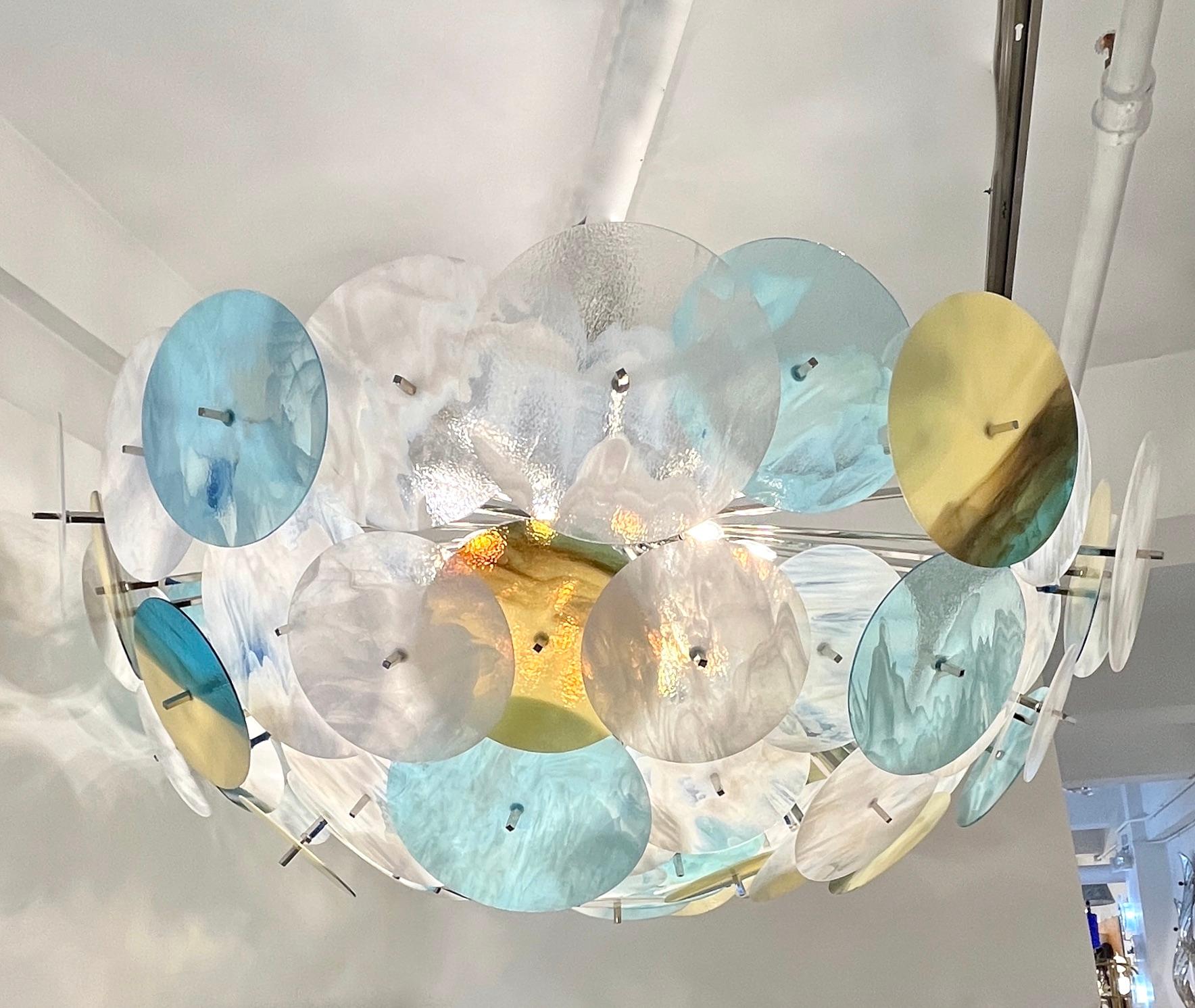 Modern Italian White Aqua Blue Yellow Murano Glass Nickel Sputnik Flushmount For Sale 5