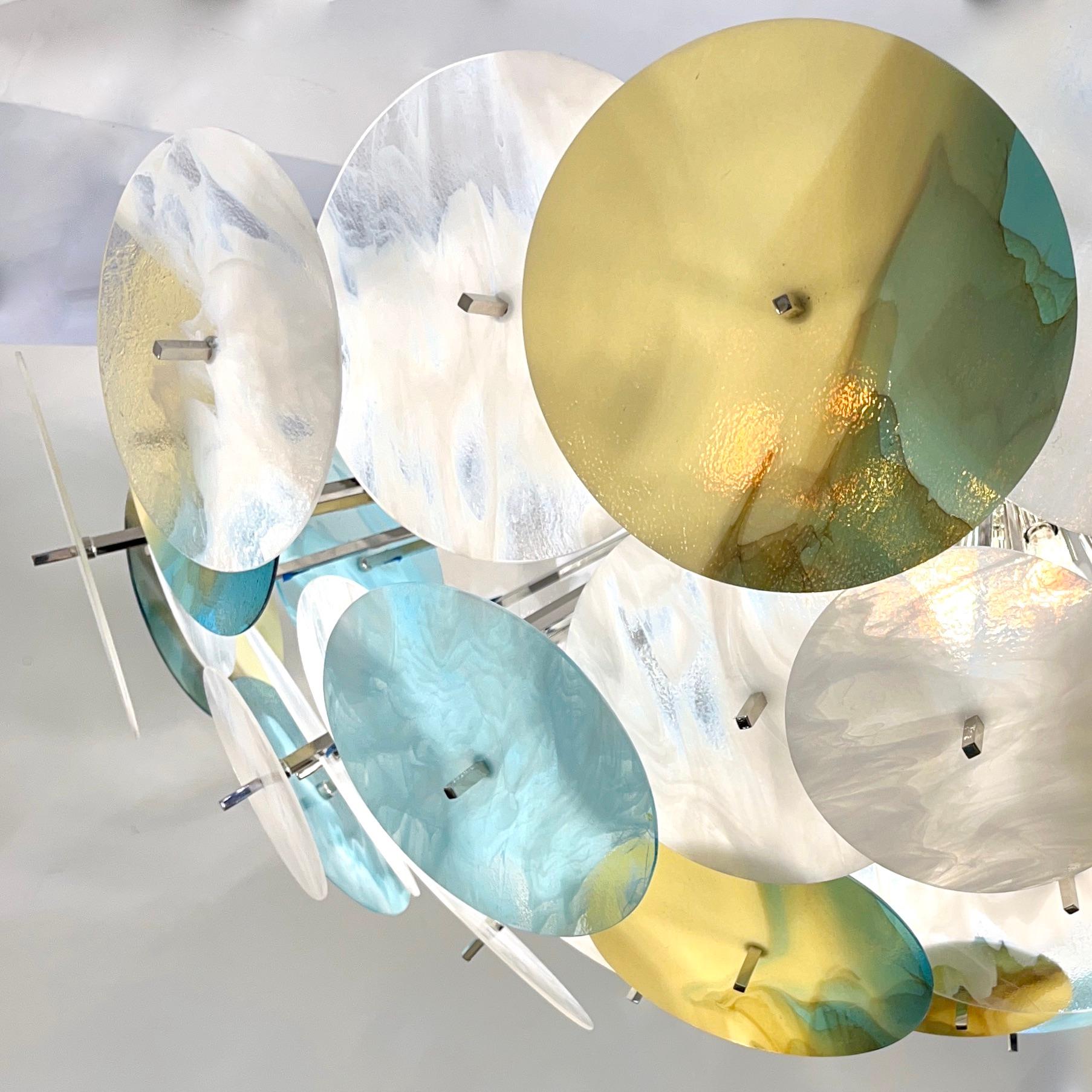 Moderno empotrable italiano blanco aguamarina azul amarillo de cristal de Murano Sputnik de níquel Italiano en venta