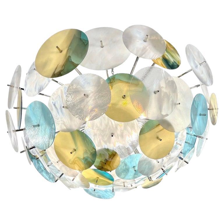 Modern Italian White Aqua Blue Yellow Murano Glass Nickel Sputnik Flushmount For Sale