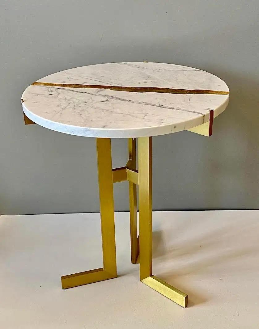 Contemporary Modern Italian White Marble Gold Resin Split Side Table on Satin Brass Tripod