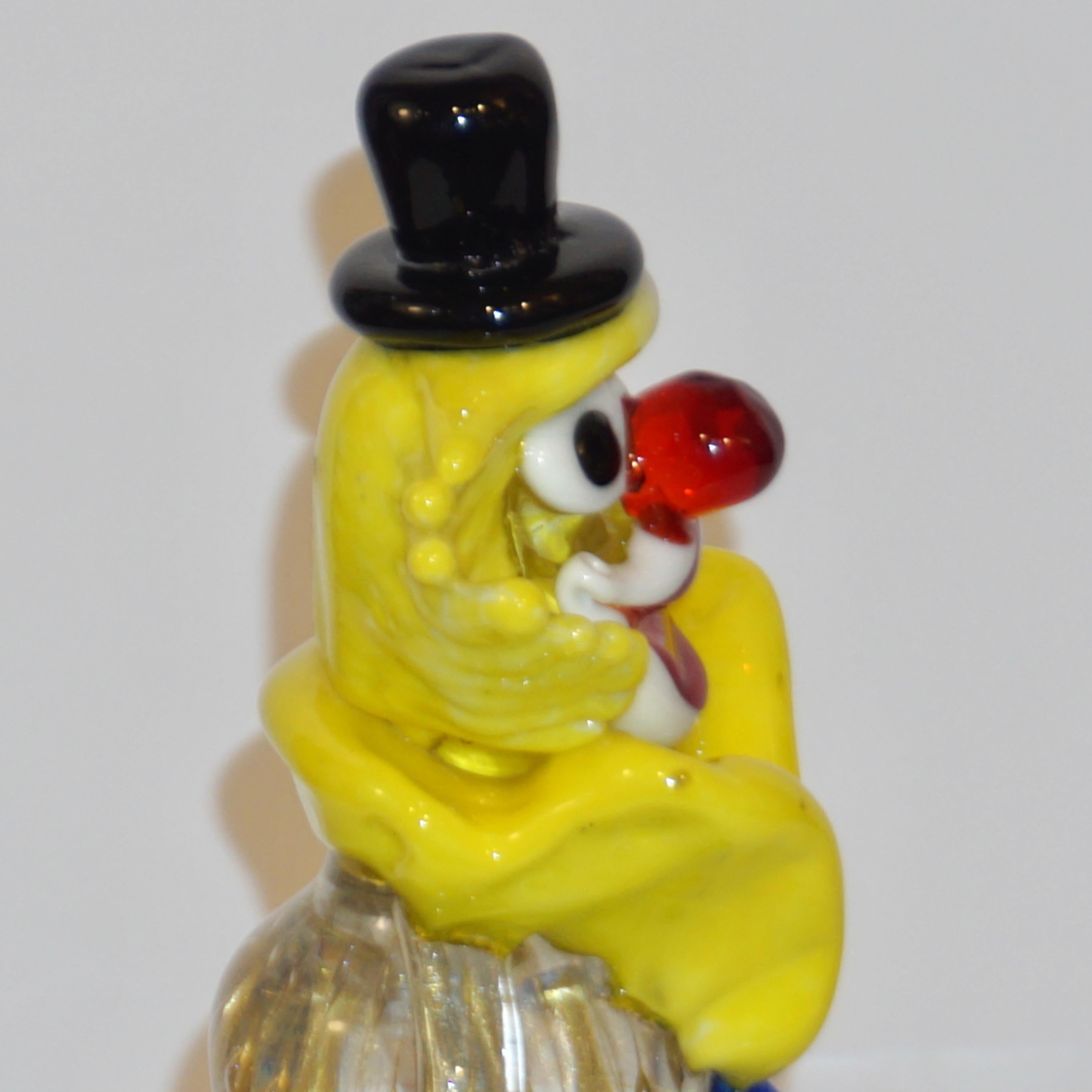 Modern Italian Yellow Black Murano Glass Clown Sculpture with Bottle & Blue Tie 4