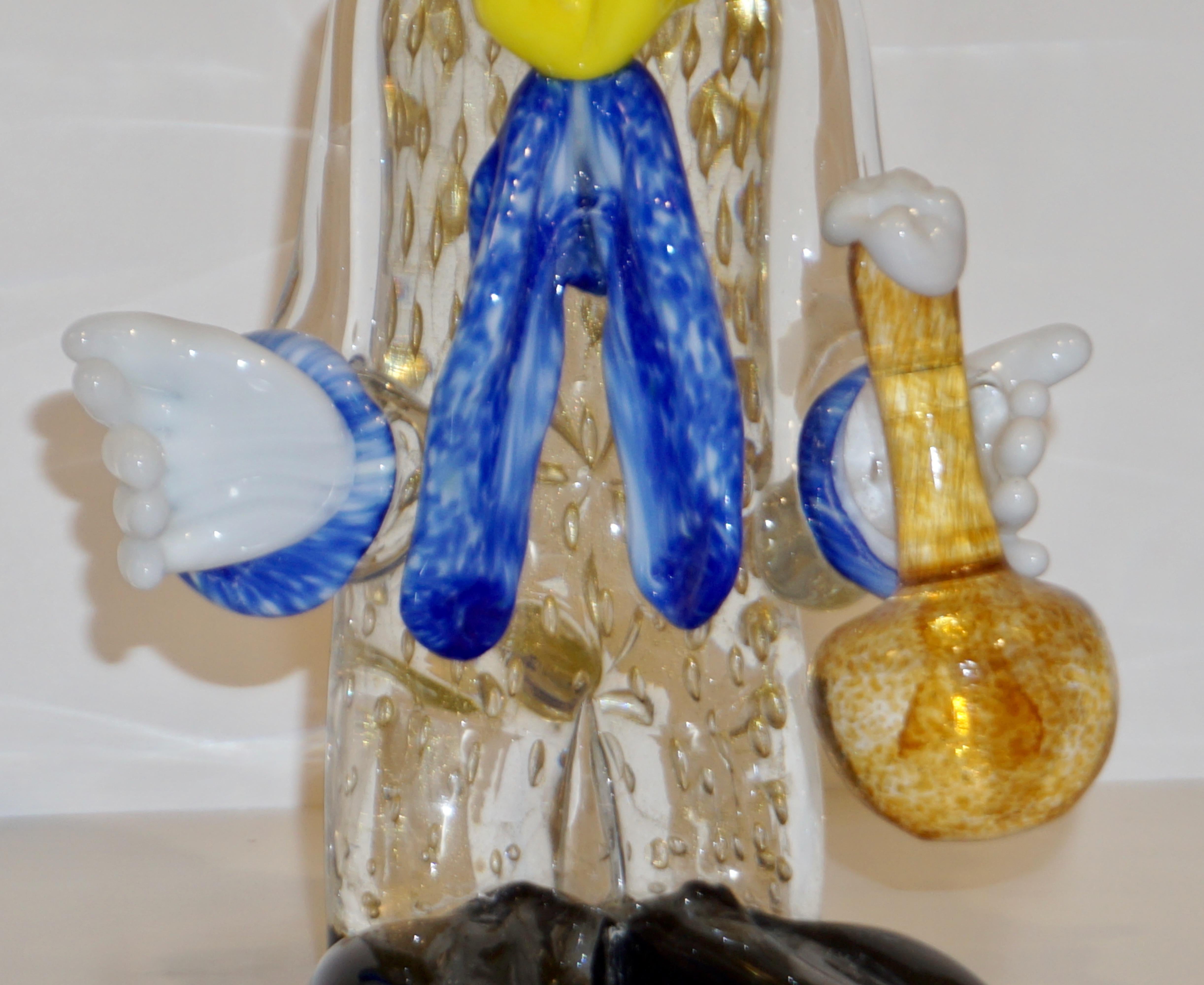 Post-Modern Modern Italian Yellow Black Murano Glass Clown Sculpture with Bottle & Blue Tie