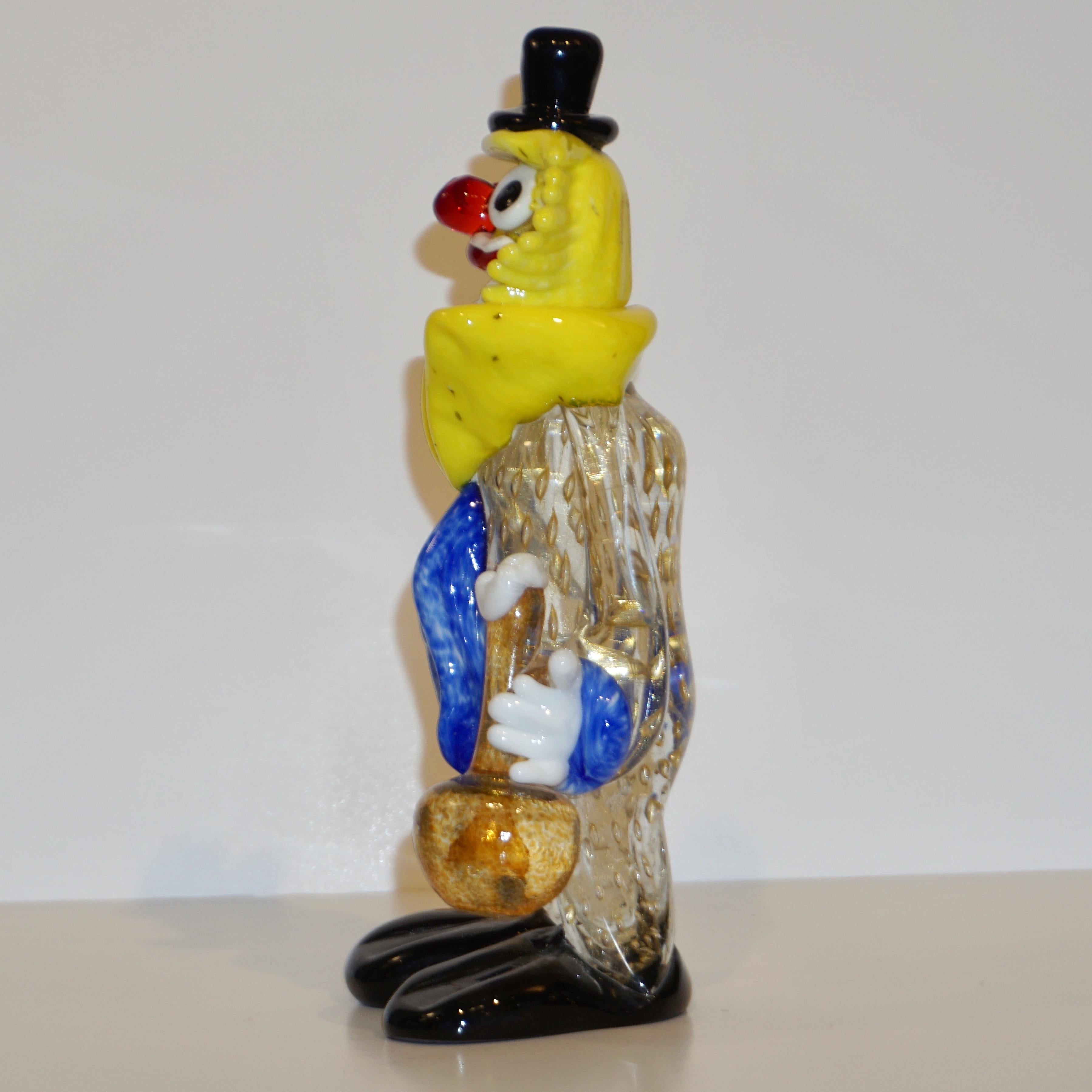 Hand-Crafted Modern Italian Yellow Black Murano Glass Clown Sculpture with Bottle & Blue Tie