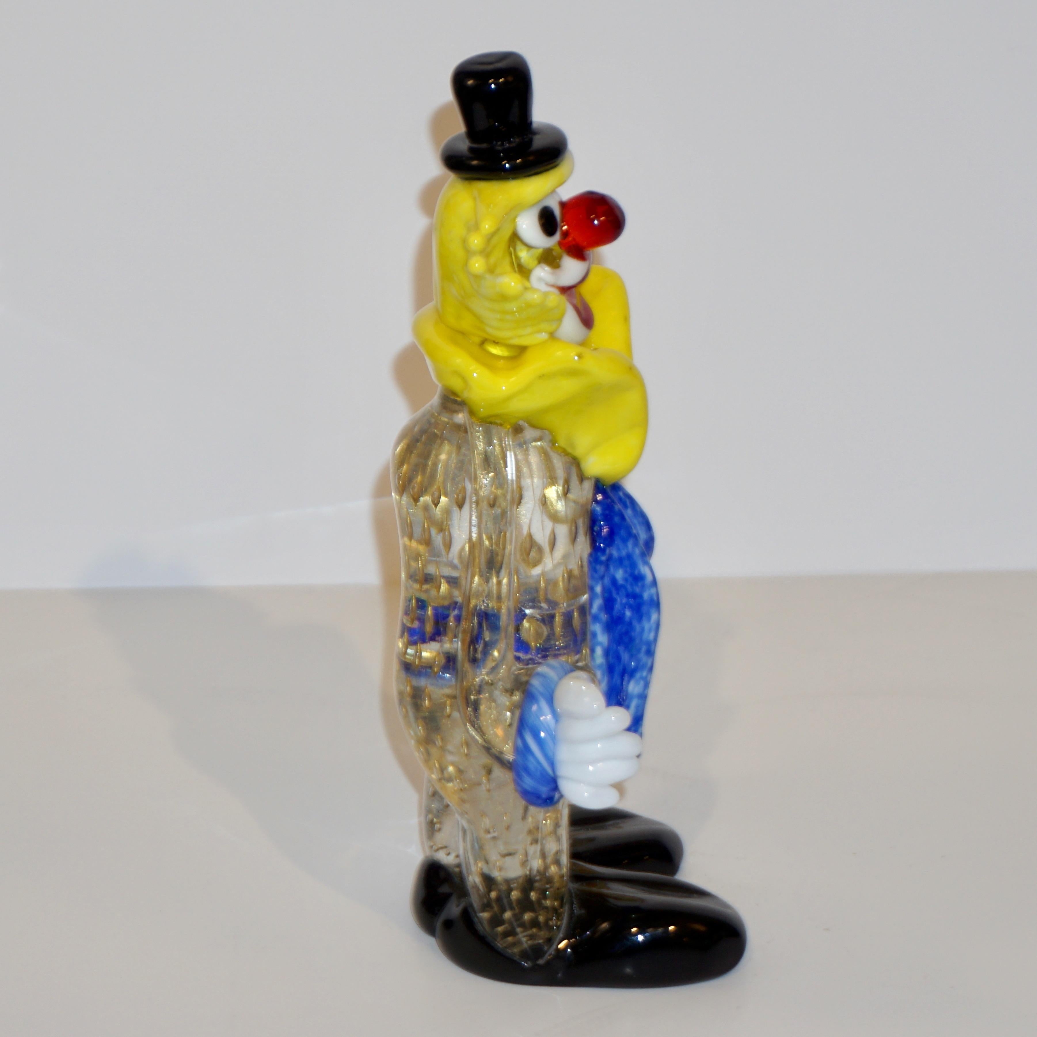 Modern Italian Yellow Black Murano Glass Clown Sculpture with Bottle & Blue Tie In New Condition In New York, NY