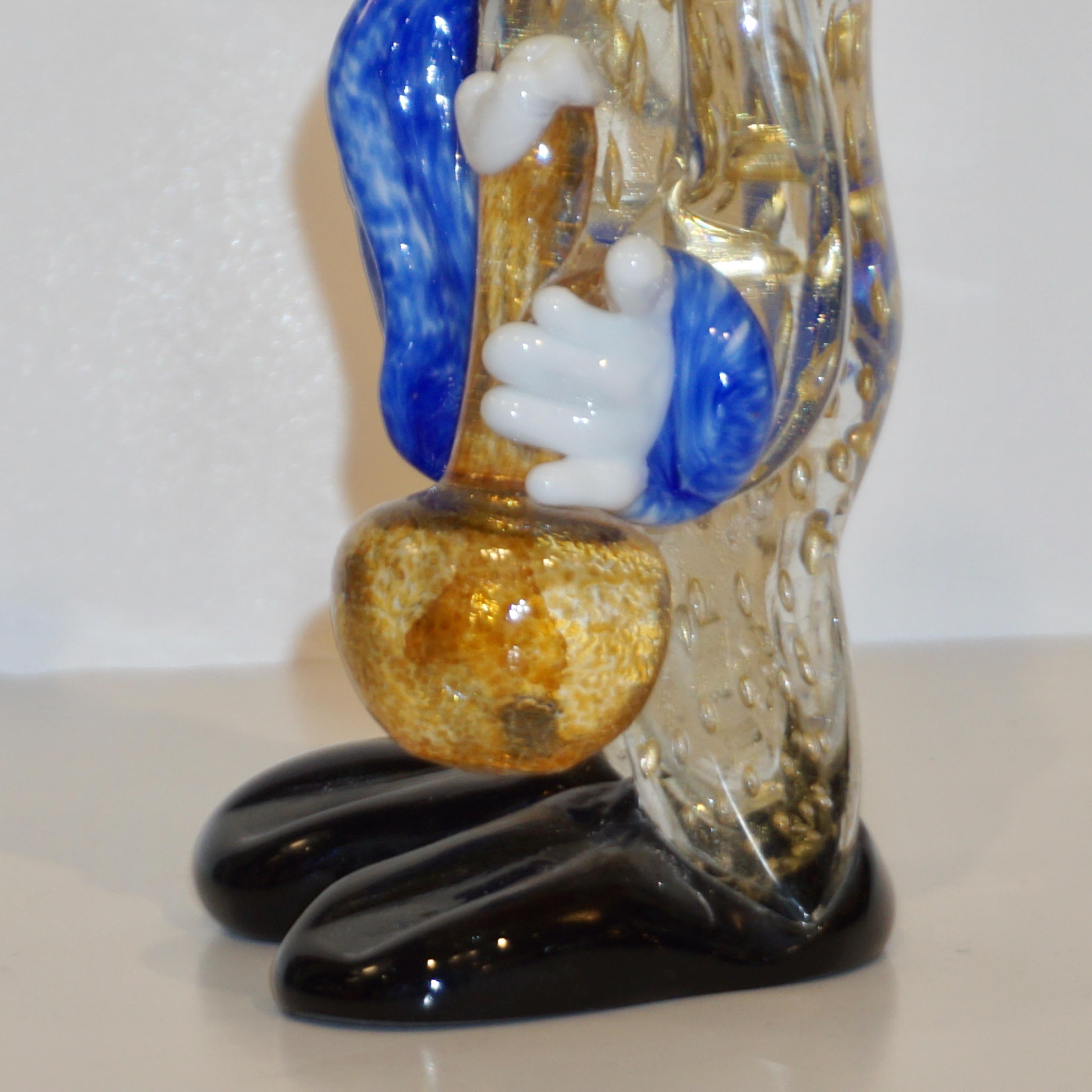 Contemporary Modern Italian Yellow Black Murano Glass Clown Sculpture with Bottle & Blue Tie