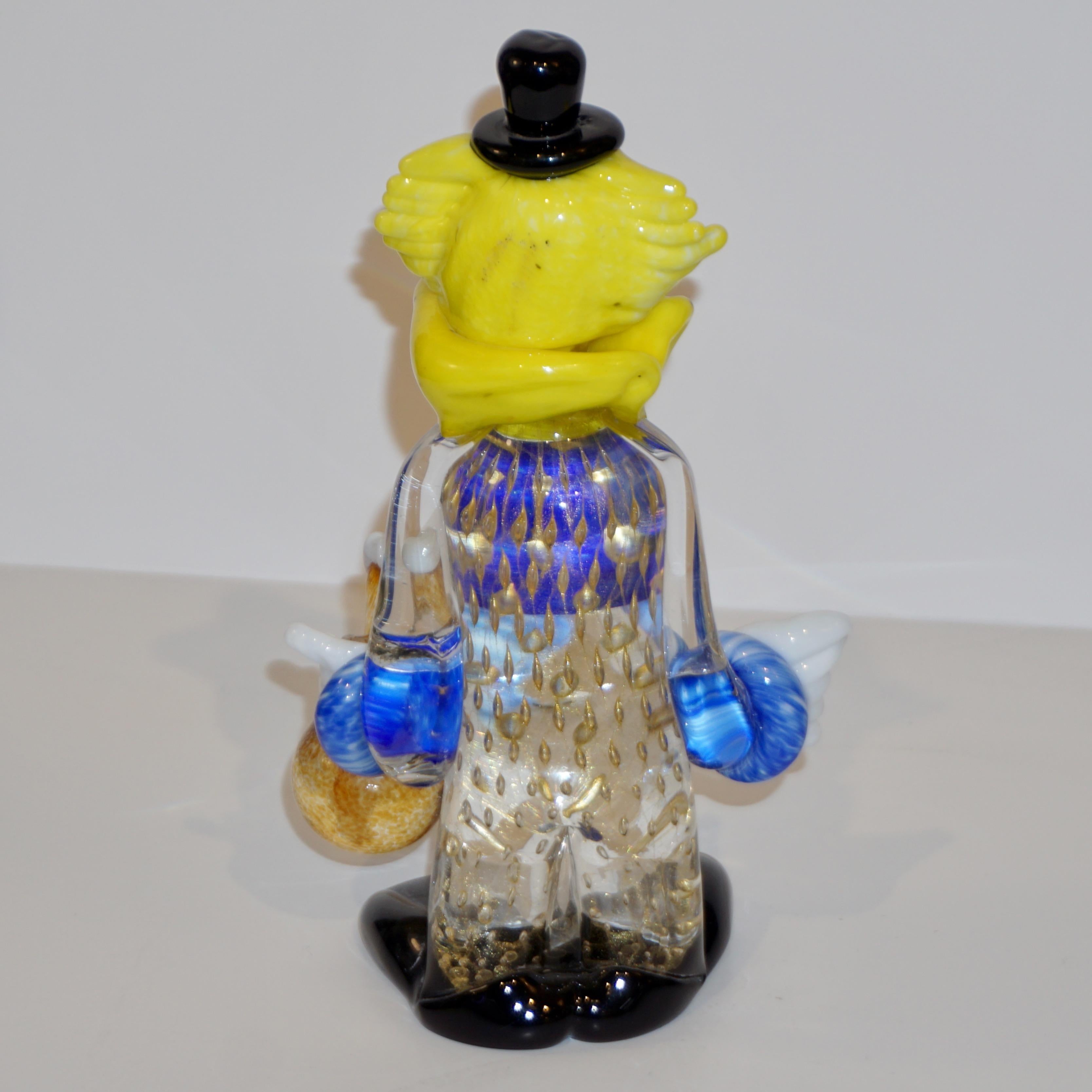 Modern Italian Yellow Black Murano Glass Clown Sculpture with Bottle & Blue Tie 1