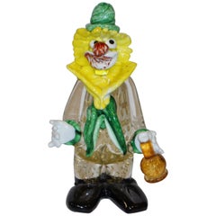 Modern Italian Yellow Black Murano Glass Clown Sculpture with Bottle & Green Tie