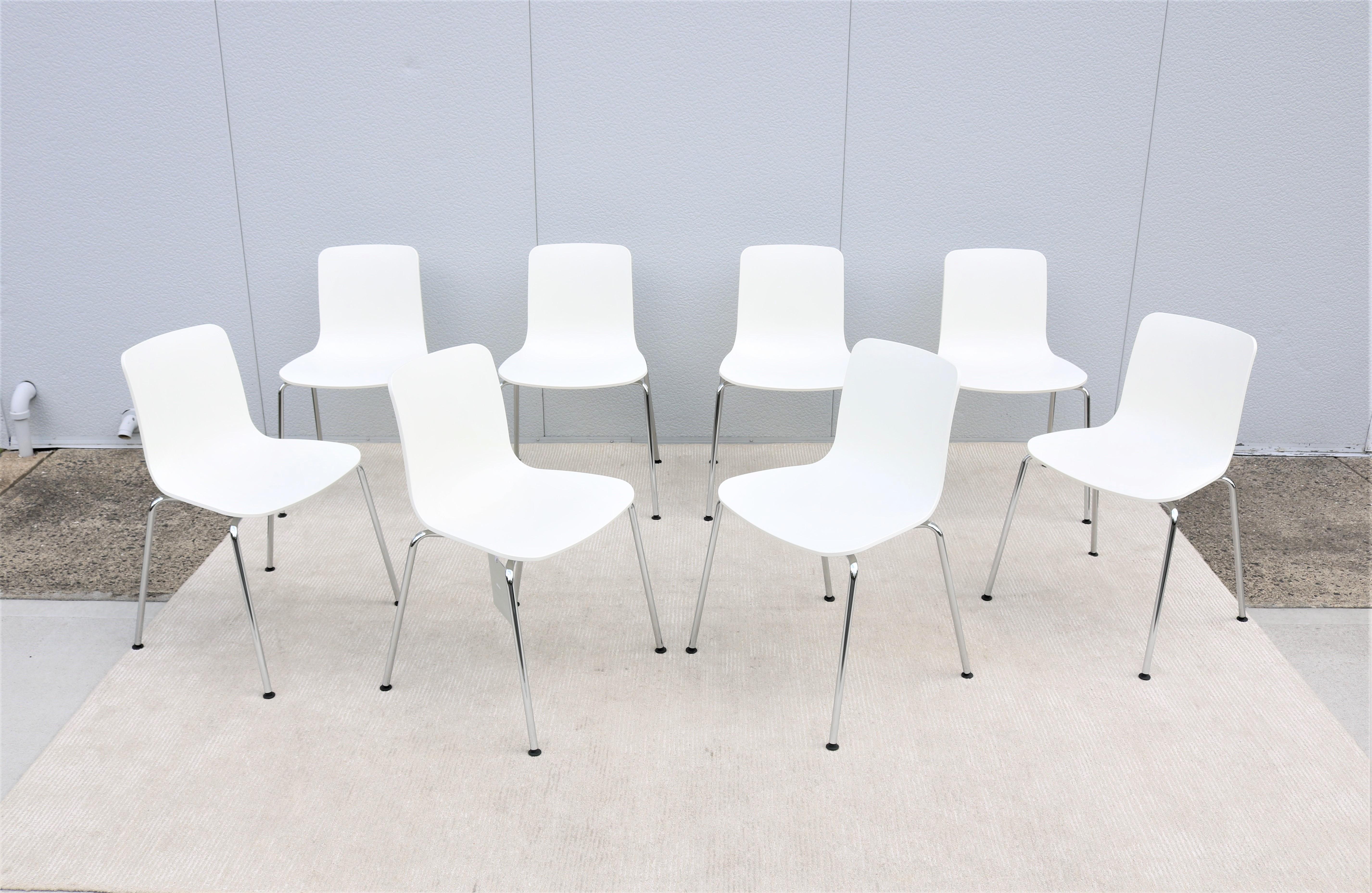 The HAL Tube stackable chair by Vitra is very sleek with clean contemporary look. 
The shape of the seat shell provides great freedom of movement in a variety of sitting positions.
The lightweight design and stacking feature make it suitable for