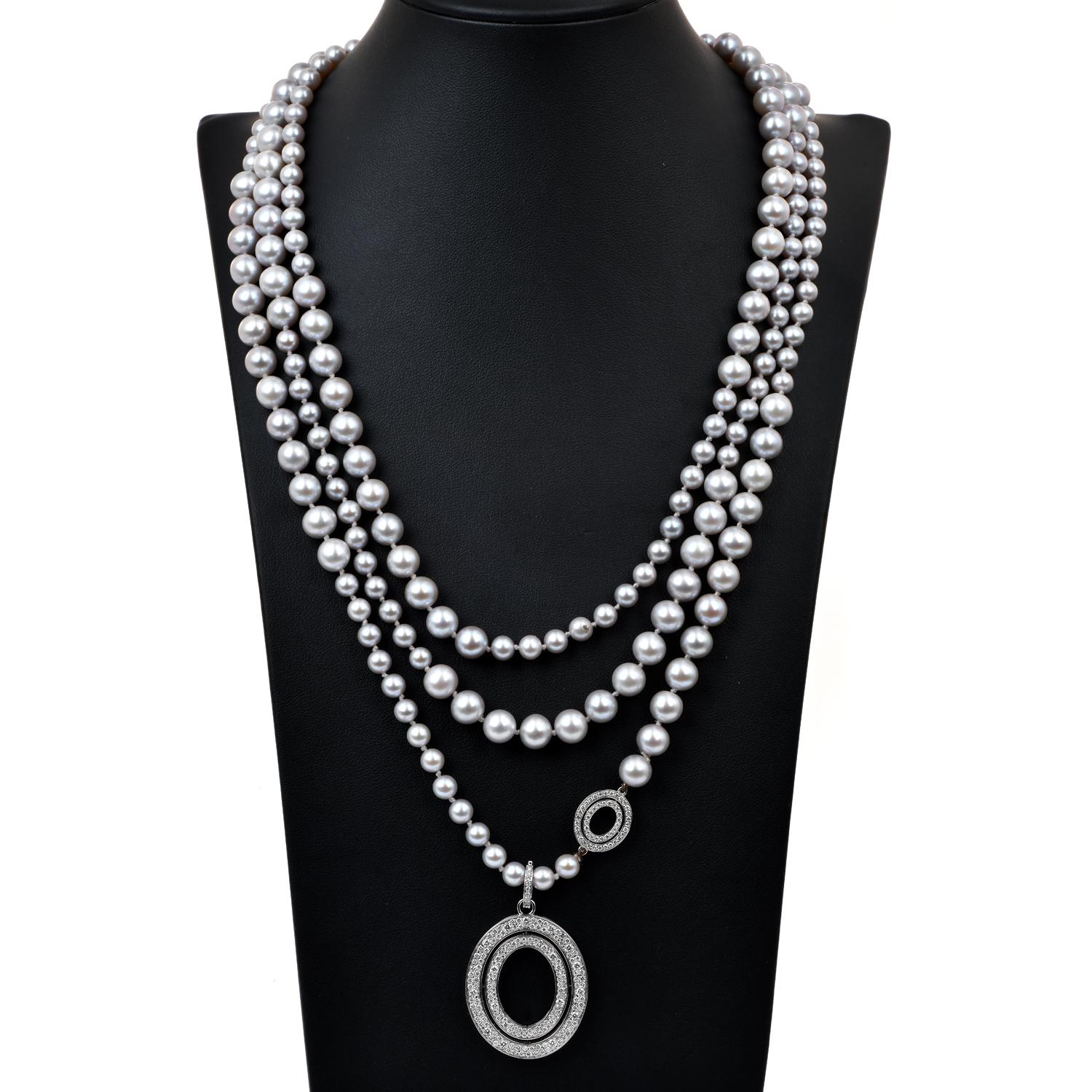 Round Cut Modern Ivanka Trump Diamond Pearl 18k Gold Pendant Long Strand Necklace For Sale