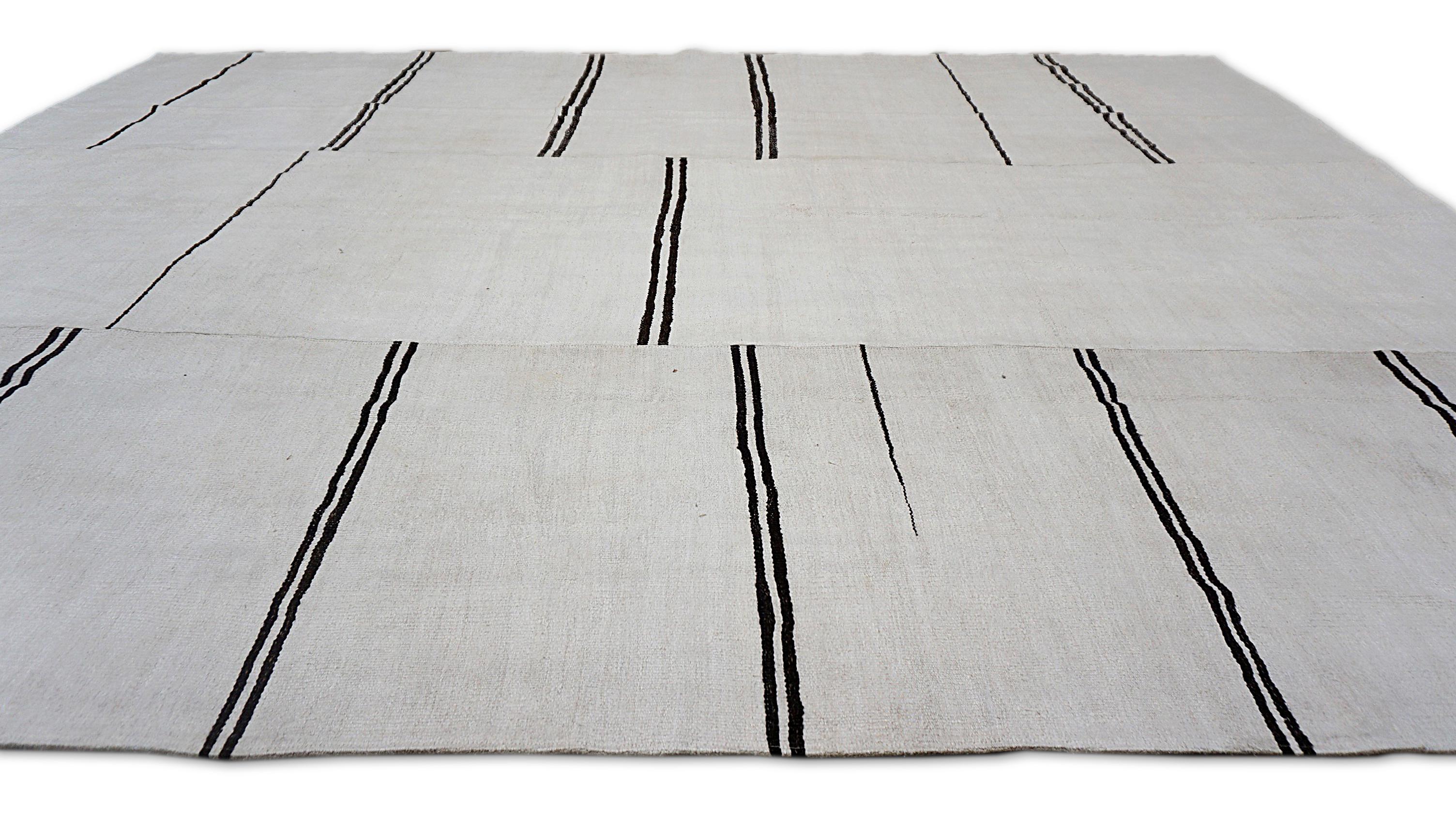 Turkish Modern Ivory and Black Striped Hemp Kilim 9'5''x12'4'' For Sale