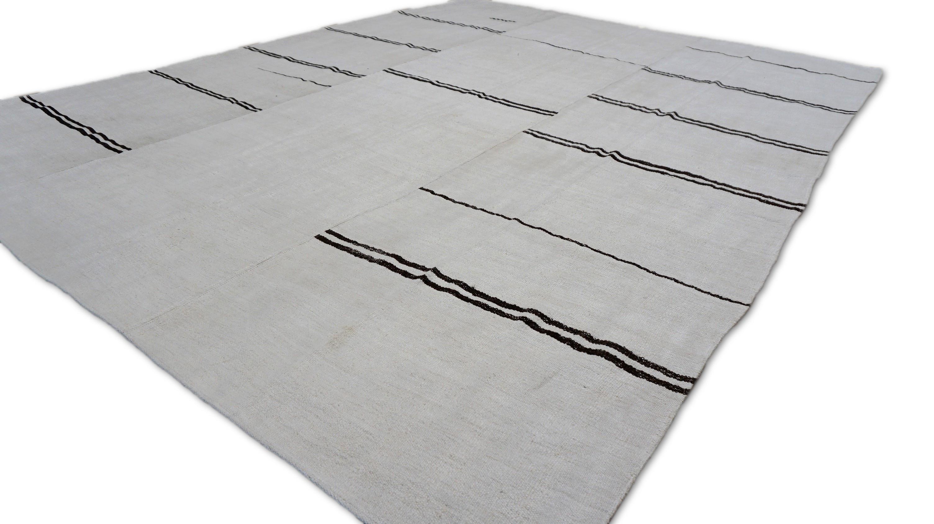Hand-Woven Modern Ivory and Black Striped Hemp Kilim 9'5''x12'4'' For Sale