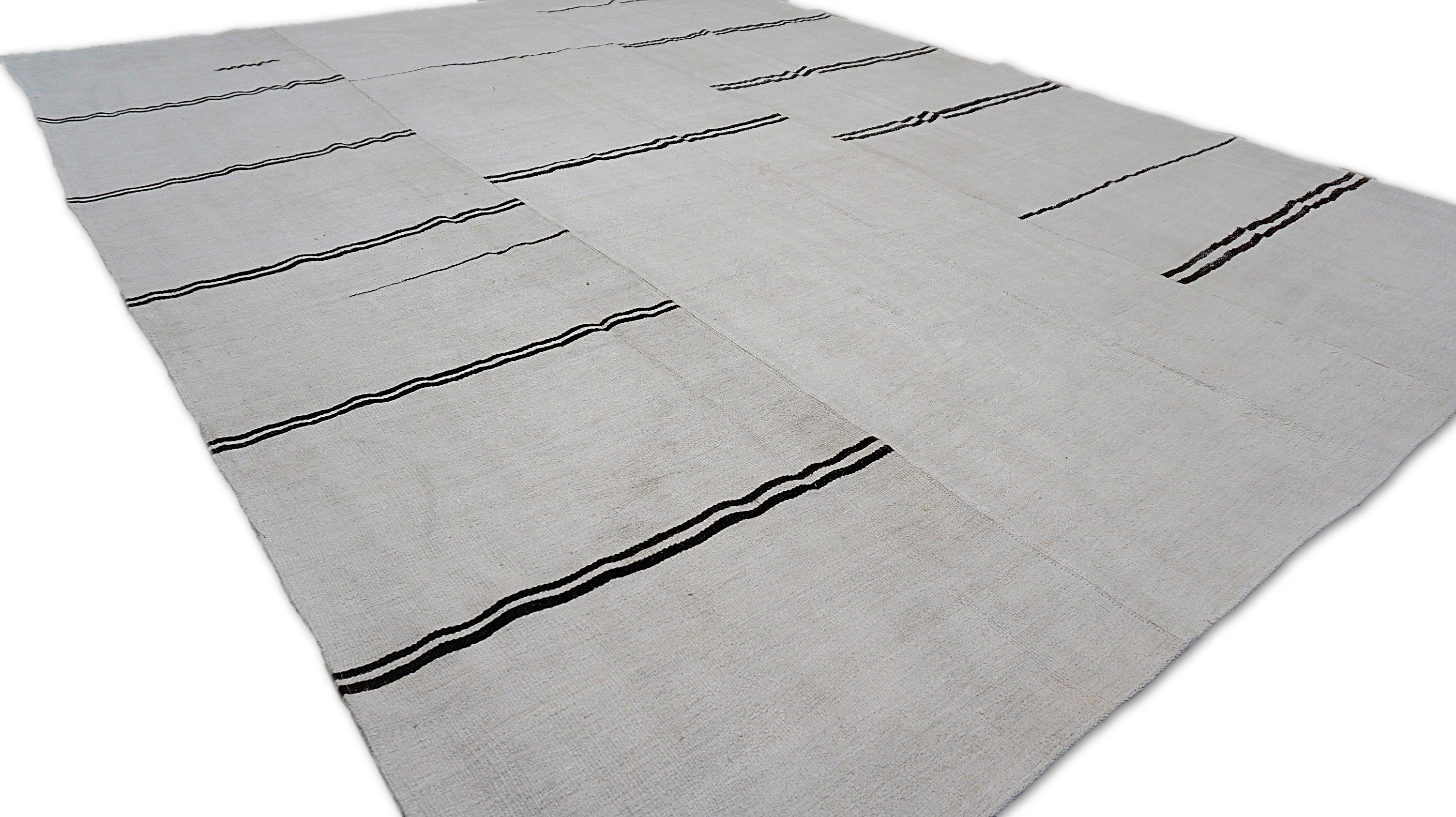 Modern Ivory and Black Striped Hemp Kilim 9'5''x12'4'' For Sale 1