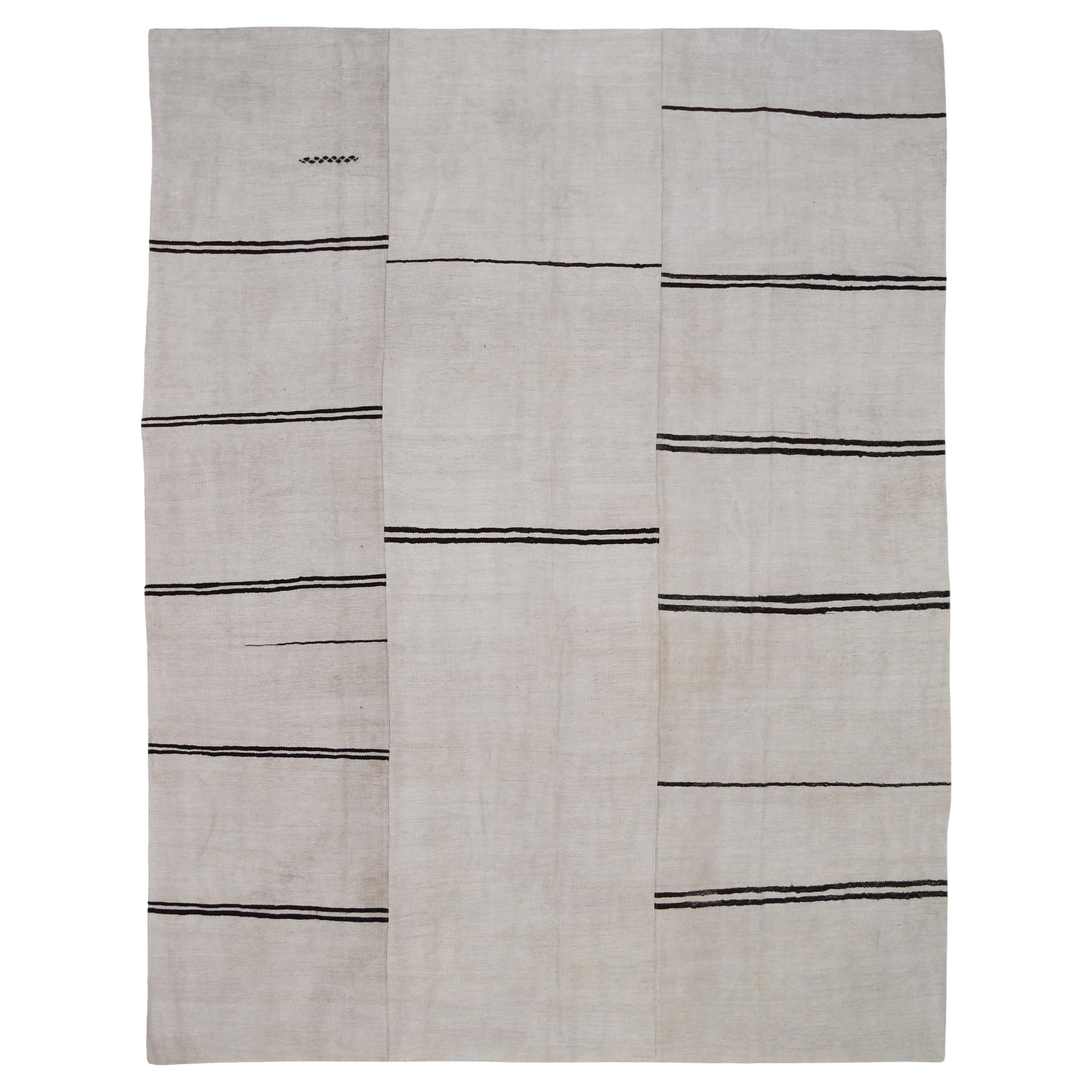 Modern Ivory and Black Striped Hemp Kilim 9'5''x12'4''