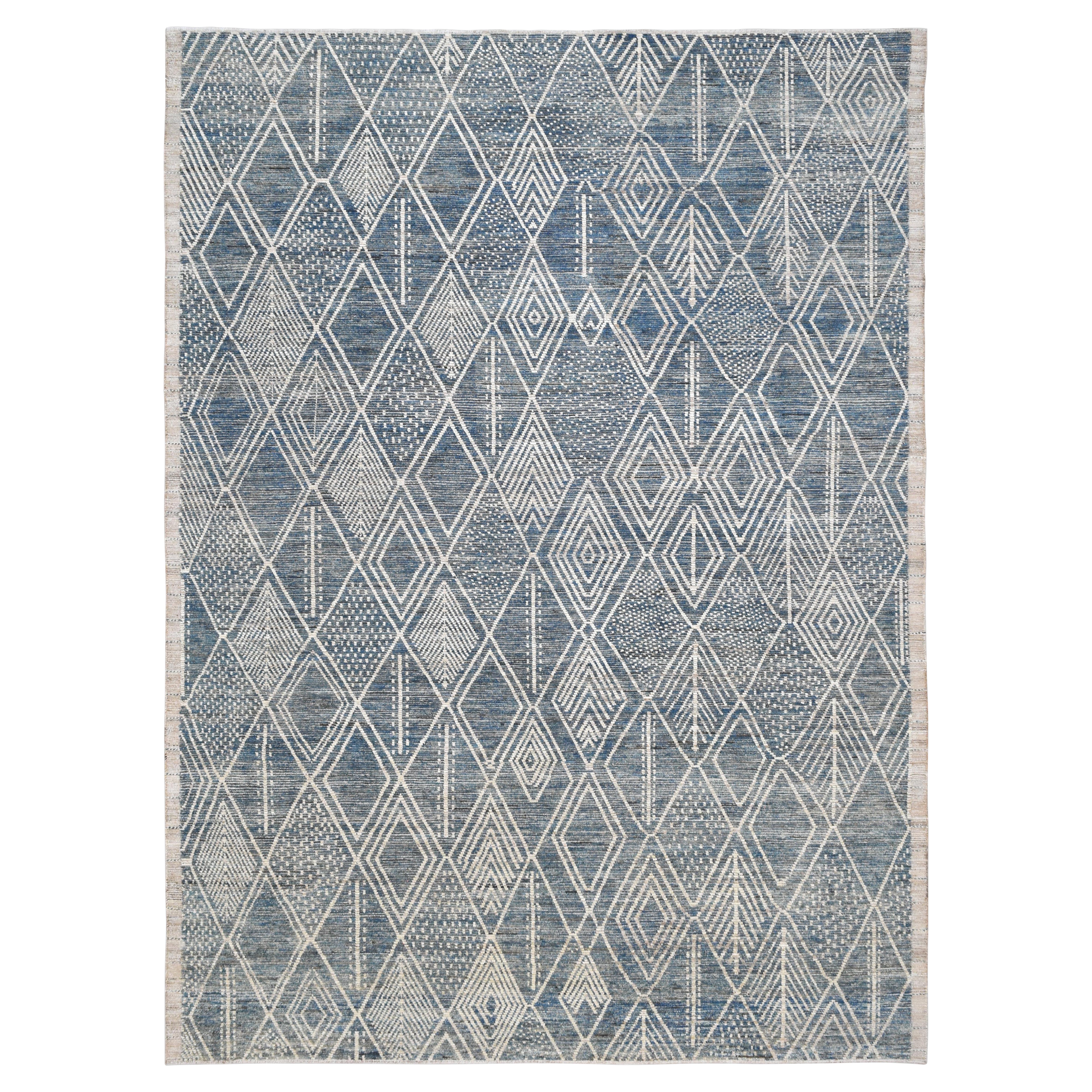 Modern Ivory and Blue Diamond Motif Wool Rug 12'3''x16'8''