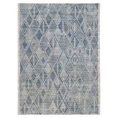 Modern Ivory and Blue Diamond Motif Wool Rug 12'3''x16'8''