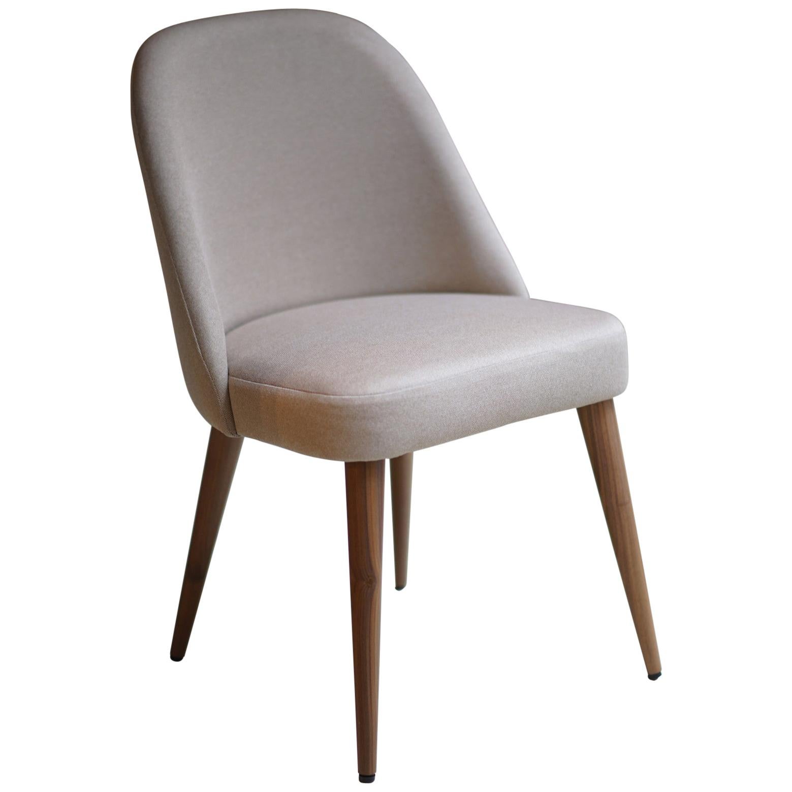 Modern Ivory Beige Fabric Dining Chair with Walnut Base