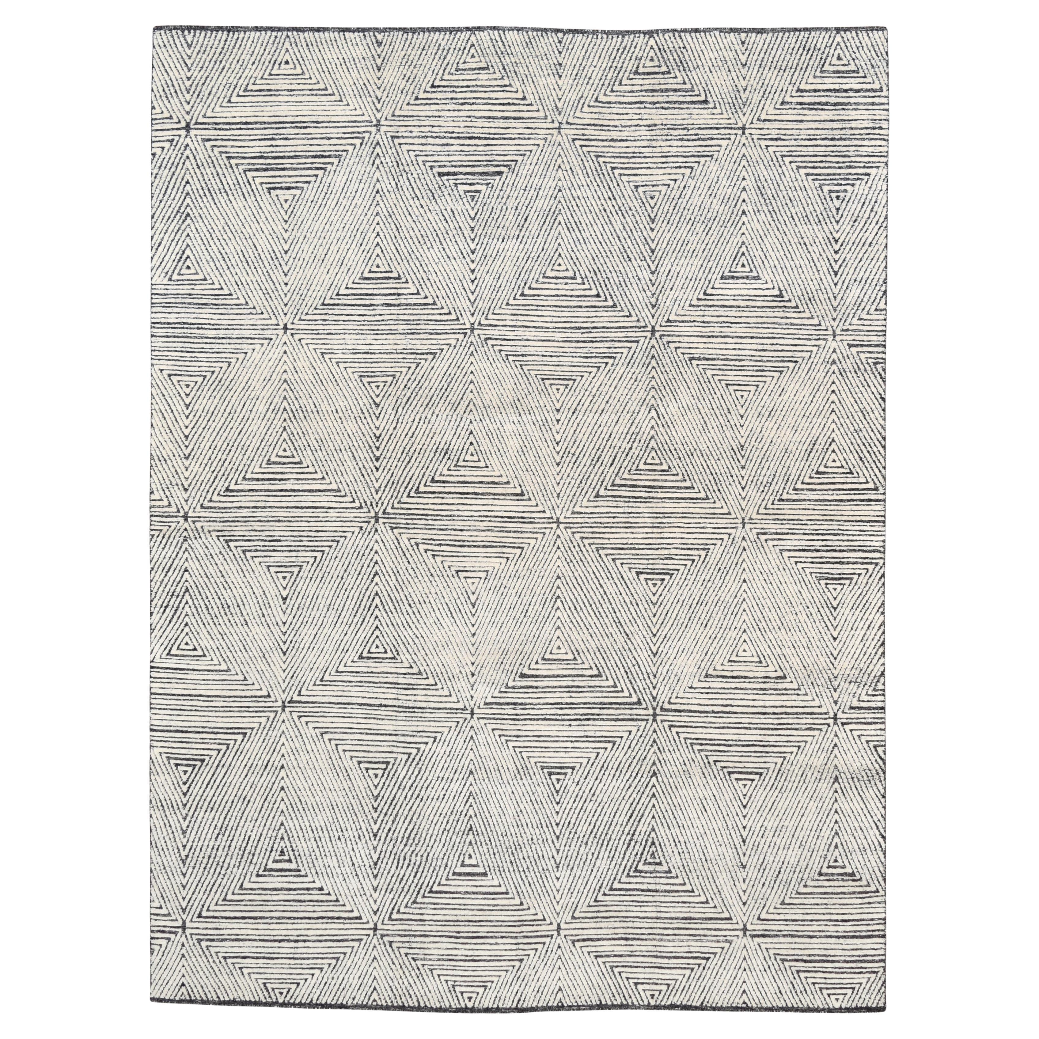 Modern Ivory Geometric Triangle Designed Wool Rug 9'x12'