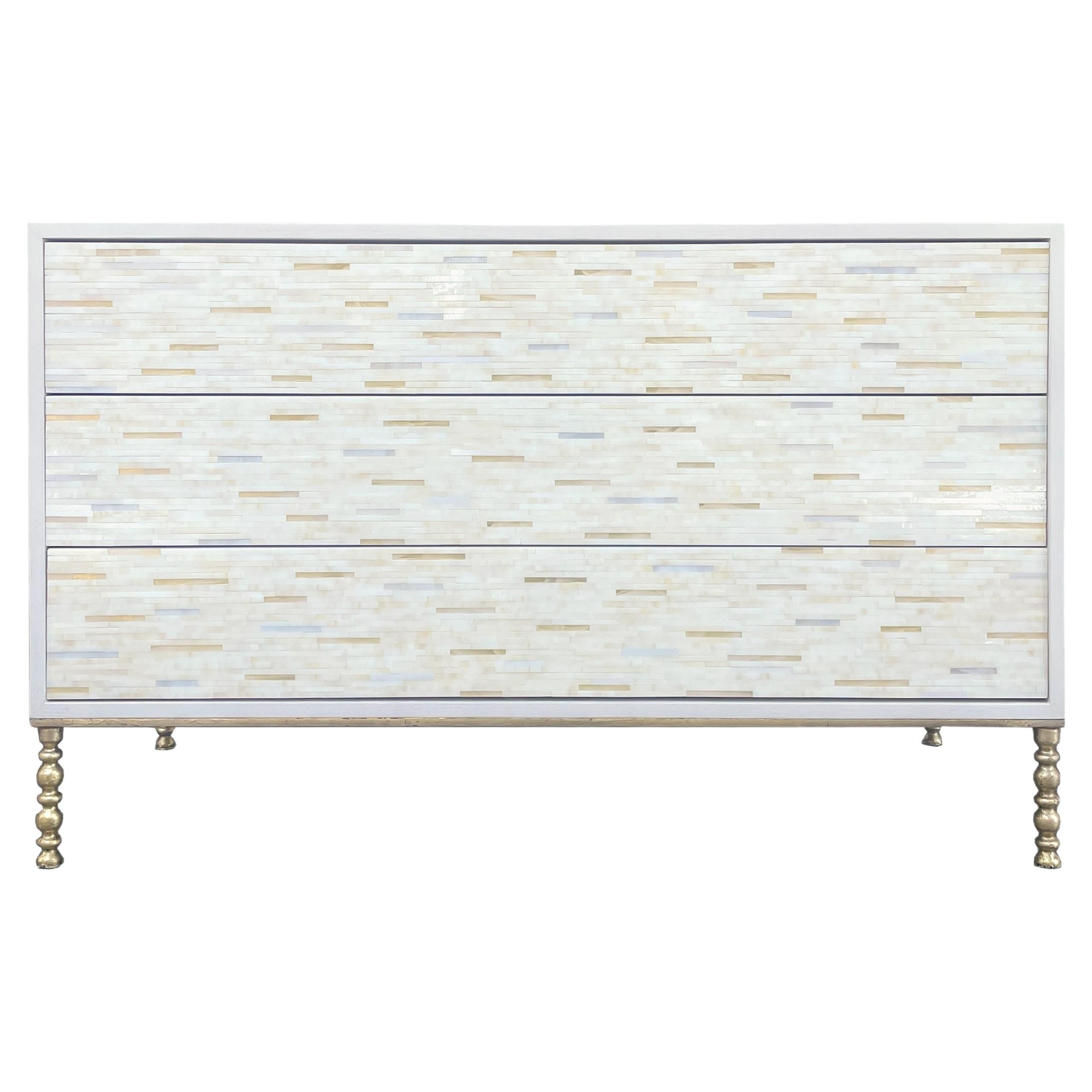 Modern Ivory Glass Mosaic 3-Drawer Chest with Gilded Metal Legs by Ercole Home