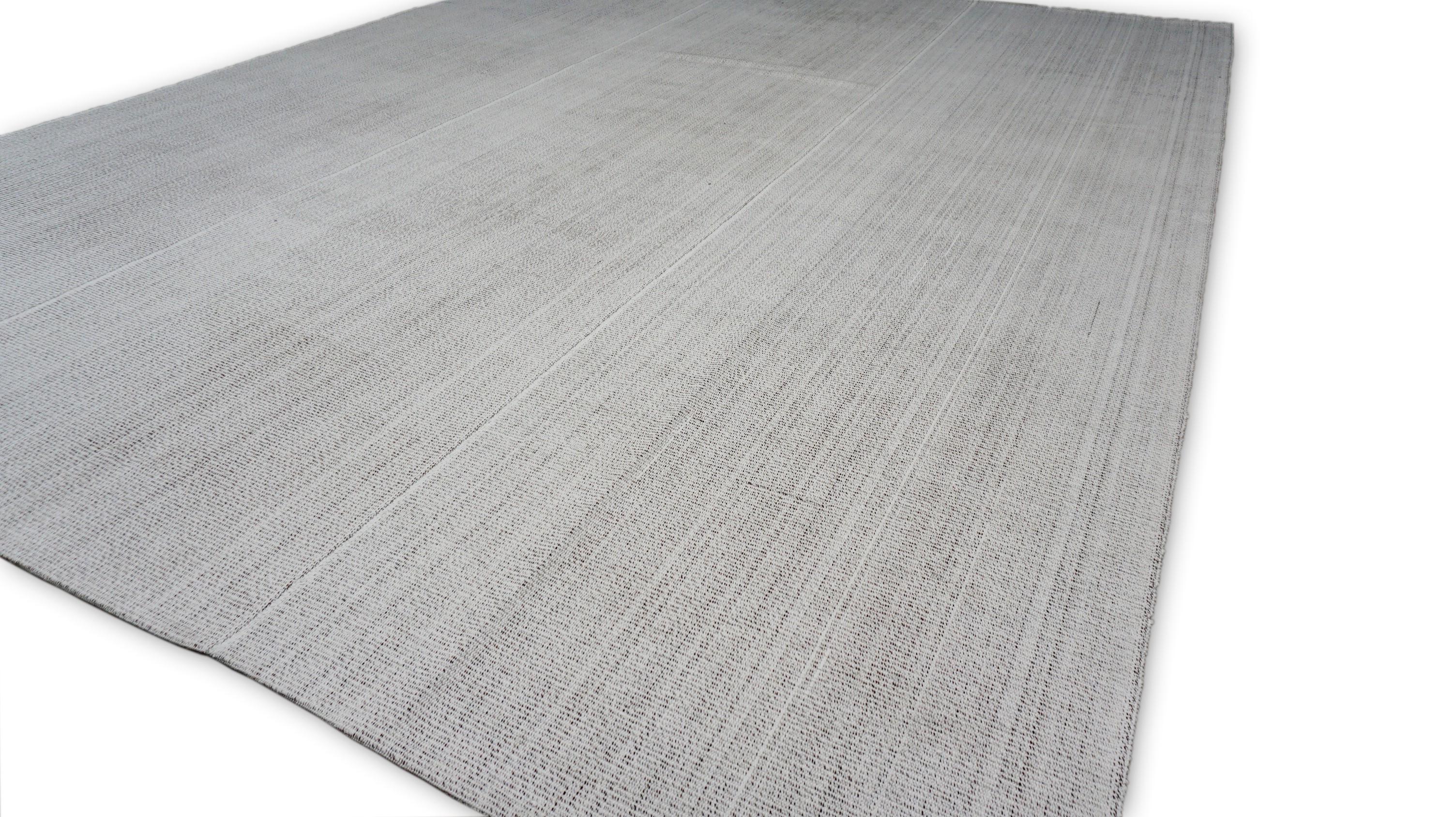 Questo tappeto in lana intrecciata a mano presenta un raffinato motivo lineare nei toni del grigio, del bianco e del marrone, creando un'estetica minimalista e contemporanea. La texture sobria e le sottili variazioni tonali aggiungono profondità e
