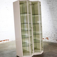 Modern Ivory Lacquered Narrow V Front Lighted Display Cabinets, Pair