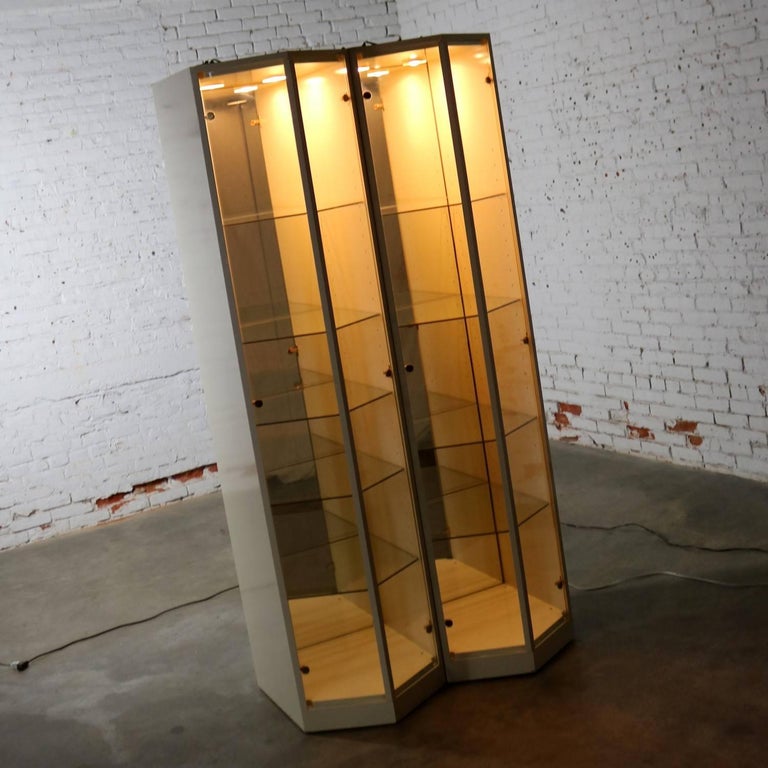 Modern Ivory Lacquered Narrow V Front Lighted Display Pair at