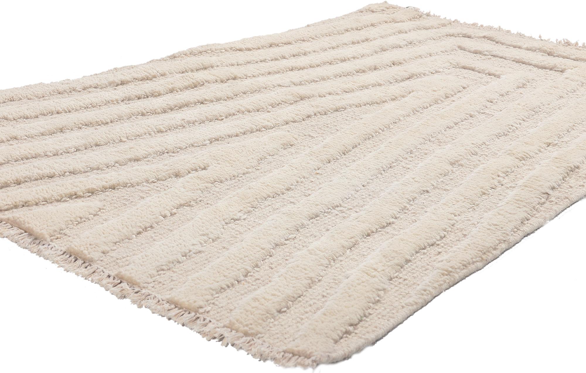 81016 Modern Ivory Moroccan High-Low Rug, 03'01 x 04'11. ?With its simplicity, plush pile, incredible detail and texture, this hand knotted wool contemporary Moroccan rug is a captivating vision of woven beauty. The abrashed field features an