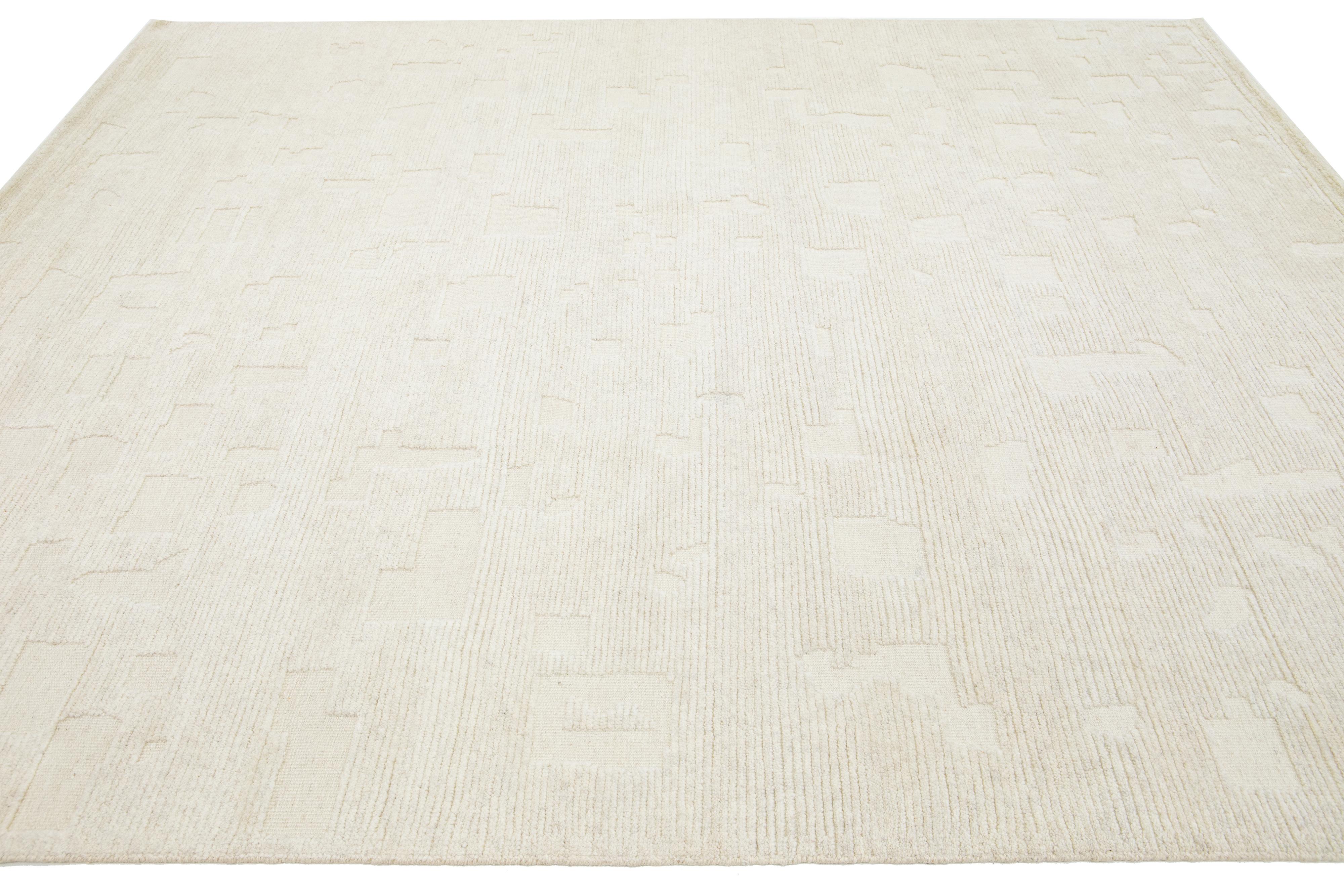 Hand-Knotted Modern Ivory Moroccan Style Wool Rug by Apadana Features a Minimalist Motif For Sale