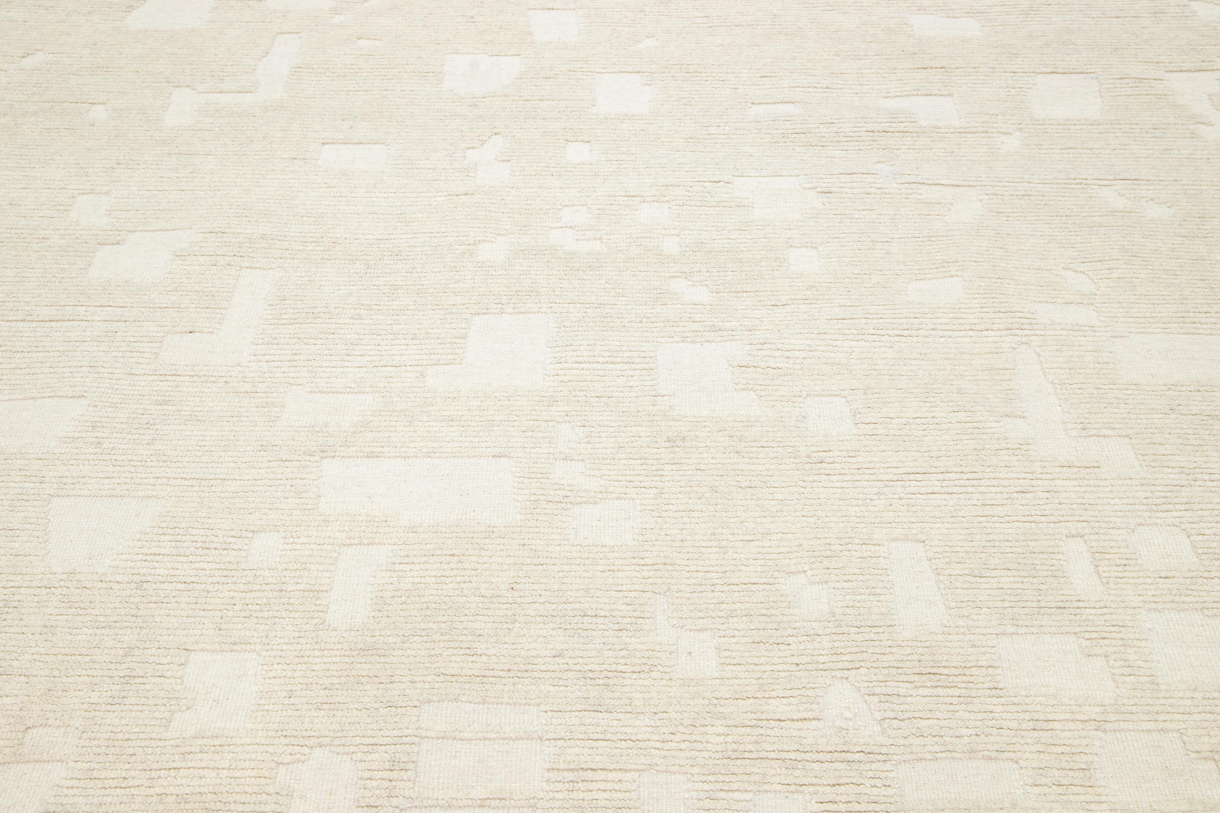 Contemporary Modern Ivory Moroccan Style Wool Rug by Apadana Features a Minimalist Motif For Sale