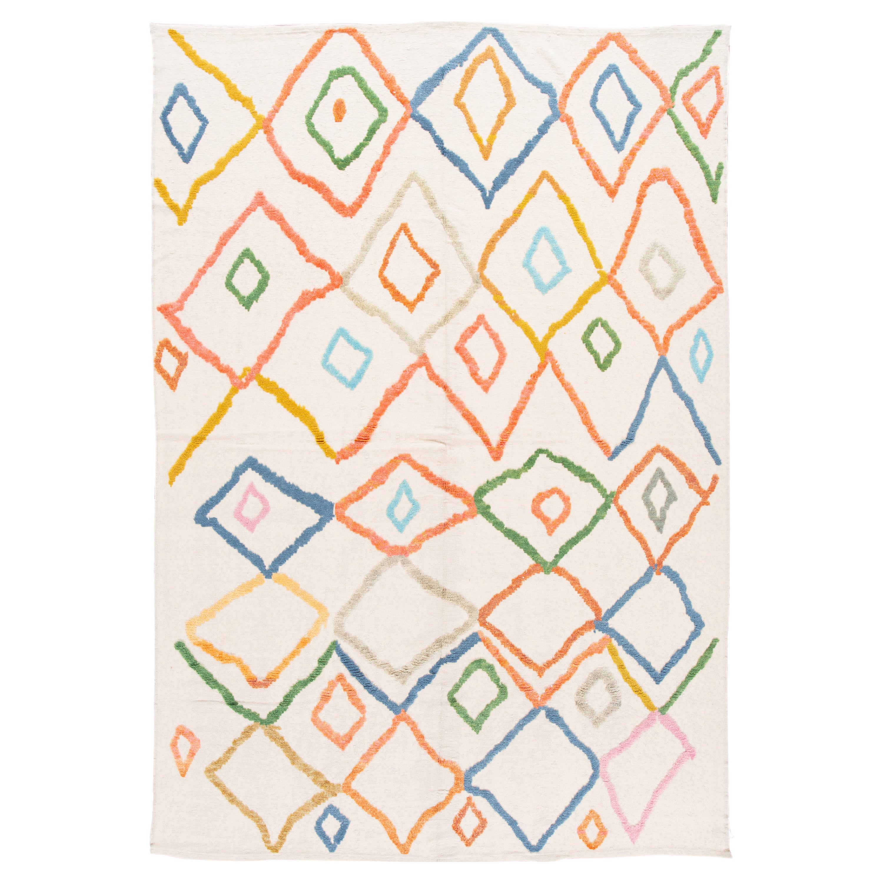Modern Ivory Moroccan Style Wool Rug With Multicolor Tribal Design
