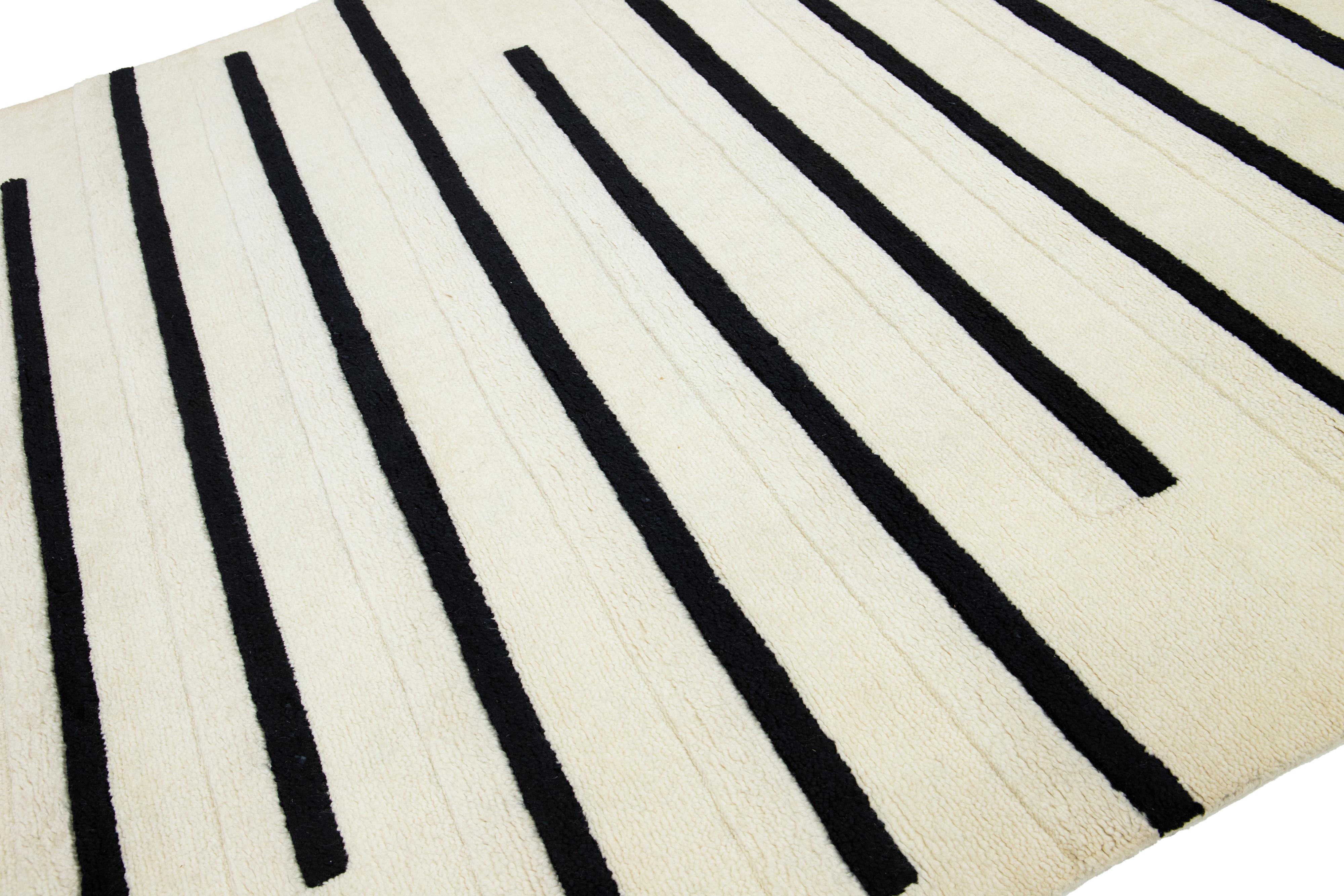 Modern Ivory Moroccan Style Wool Rug with Striped Design For Sale 4