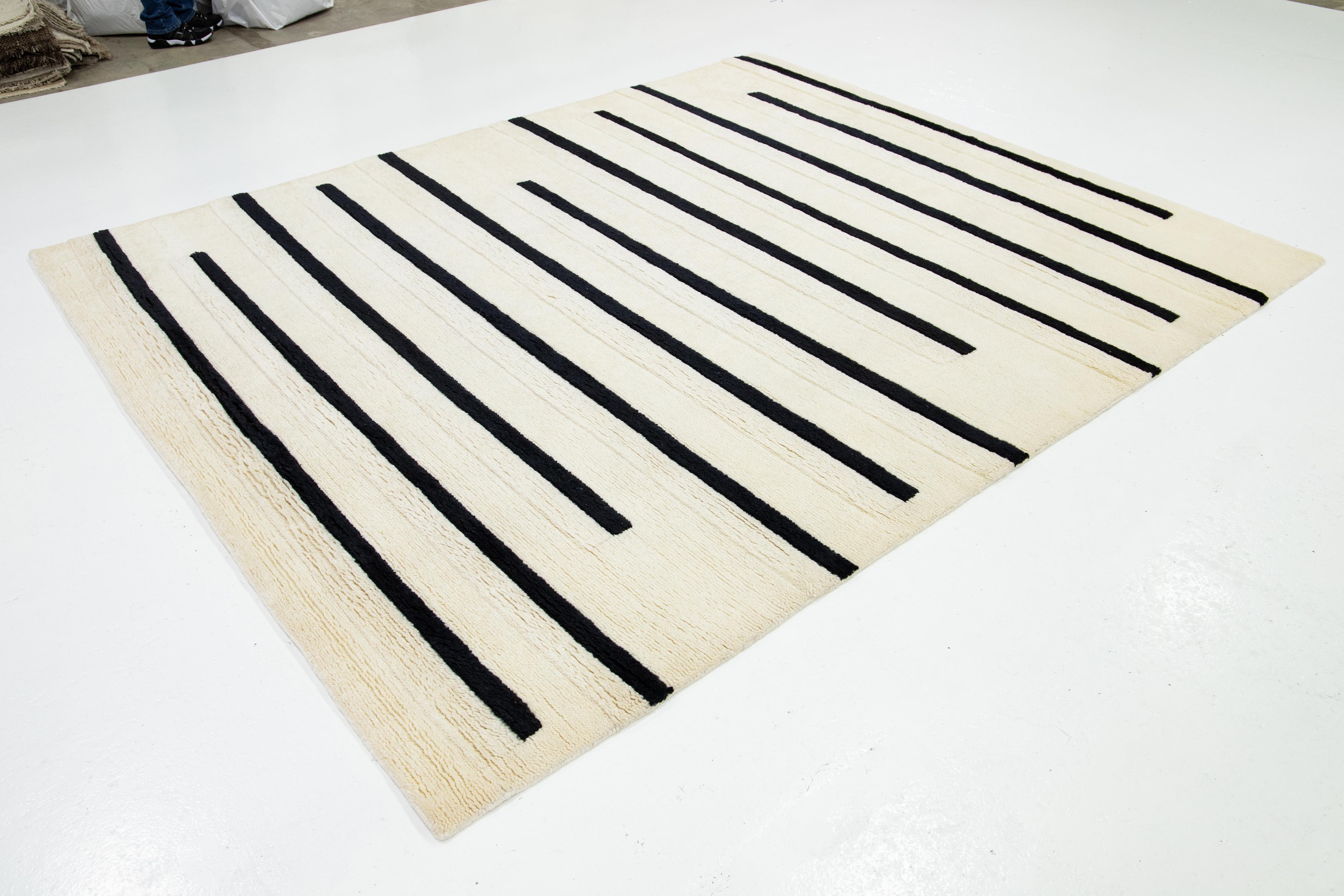 Indian Modern Ivory Moroccan Style Wool Rug with Striped Design For Sale