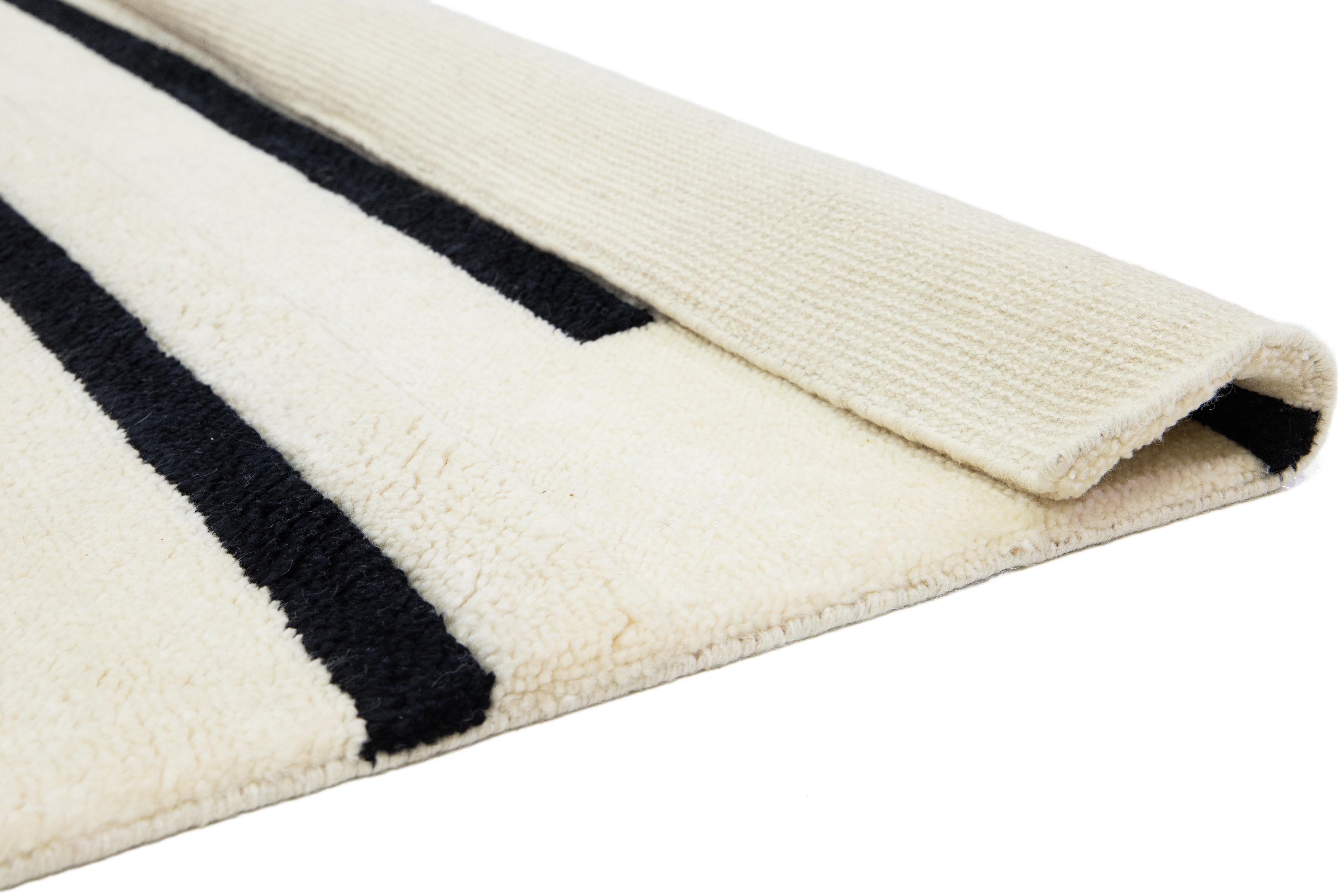 Hand-Knotted Modern Ivory Moroccan Style Wool Rug with Striped Design For Sale