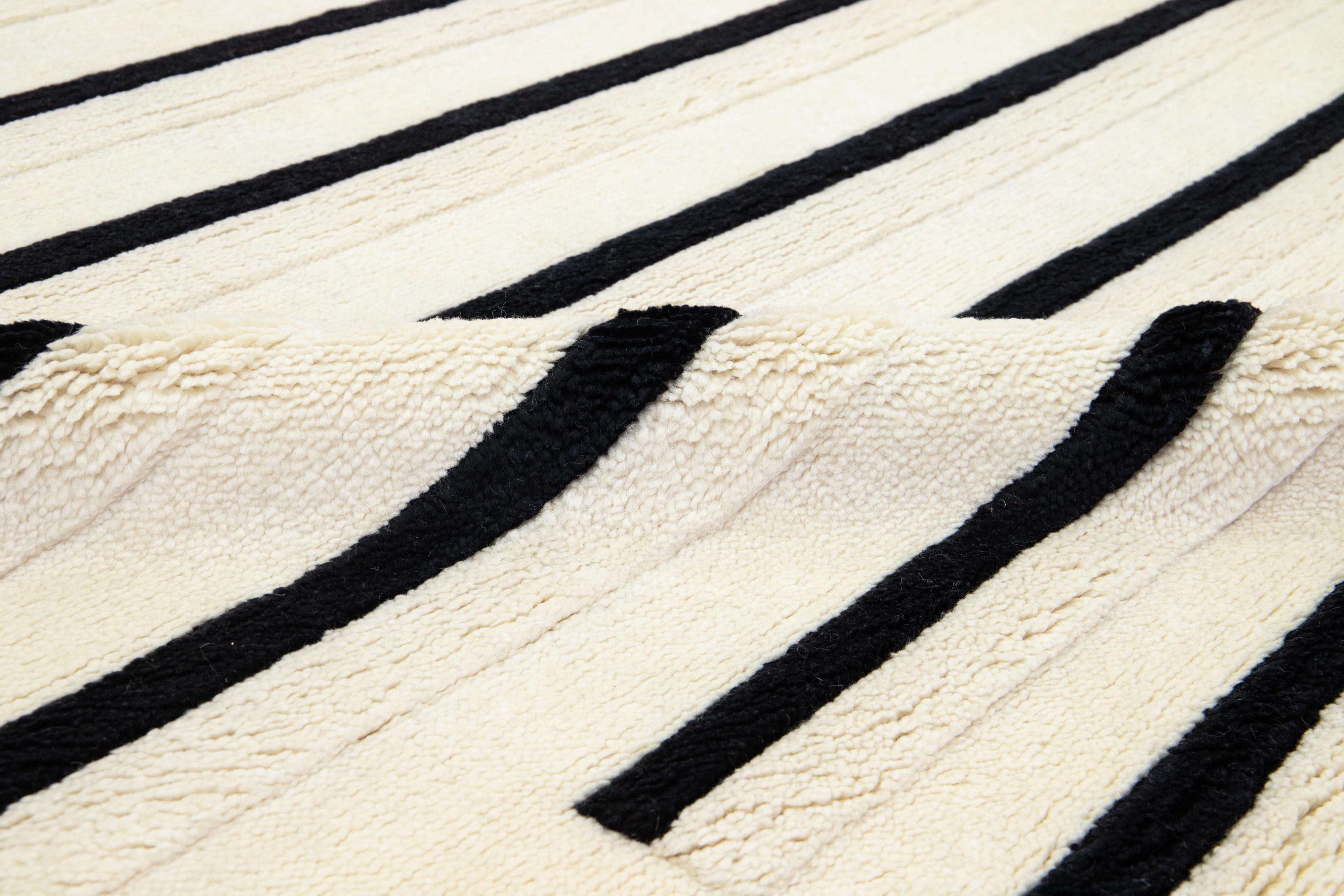Modern Ivory Moroccan Style Wool Rug with Striped Design In New Condition For Sale In Norwalk, CT