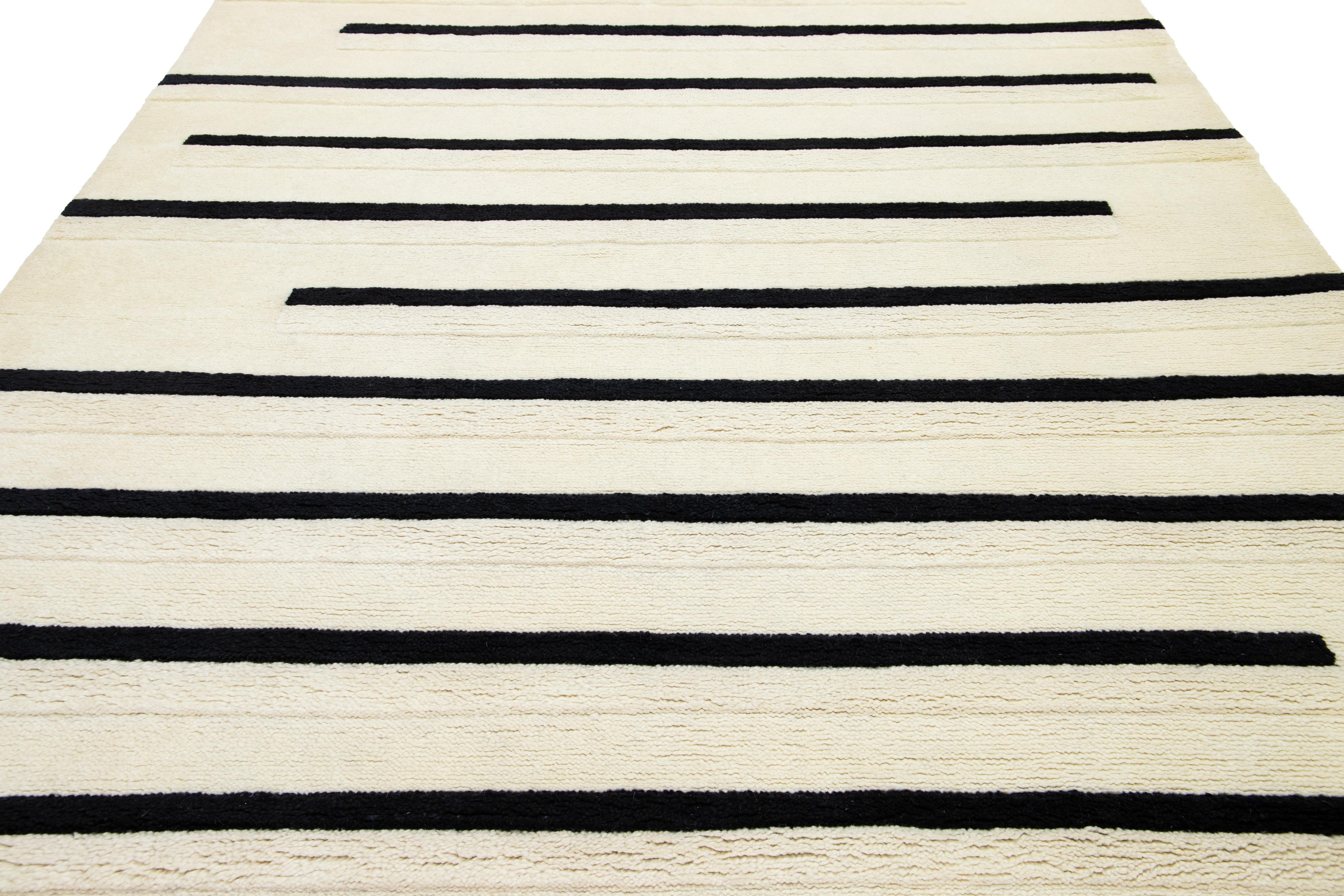 Modern Ivory Moroccan Style Wool Rug with Striped Design For Sale 1