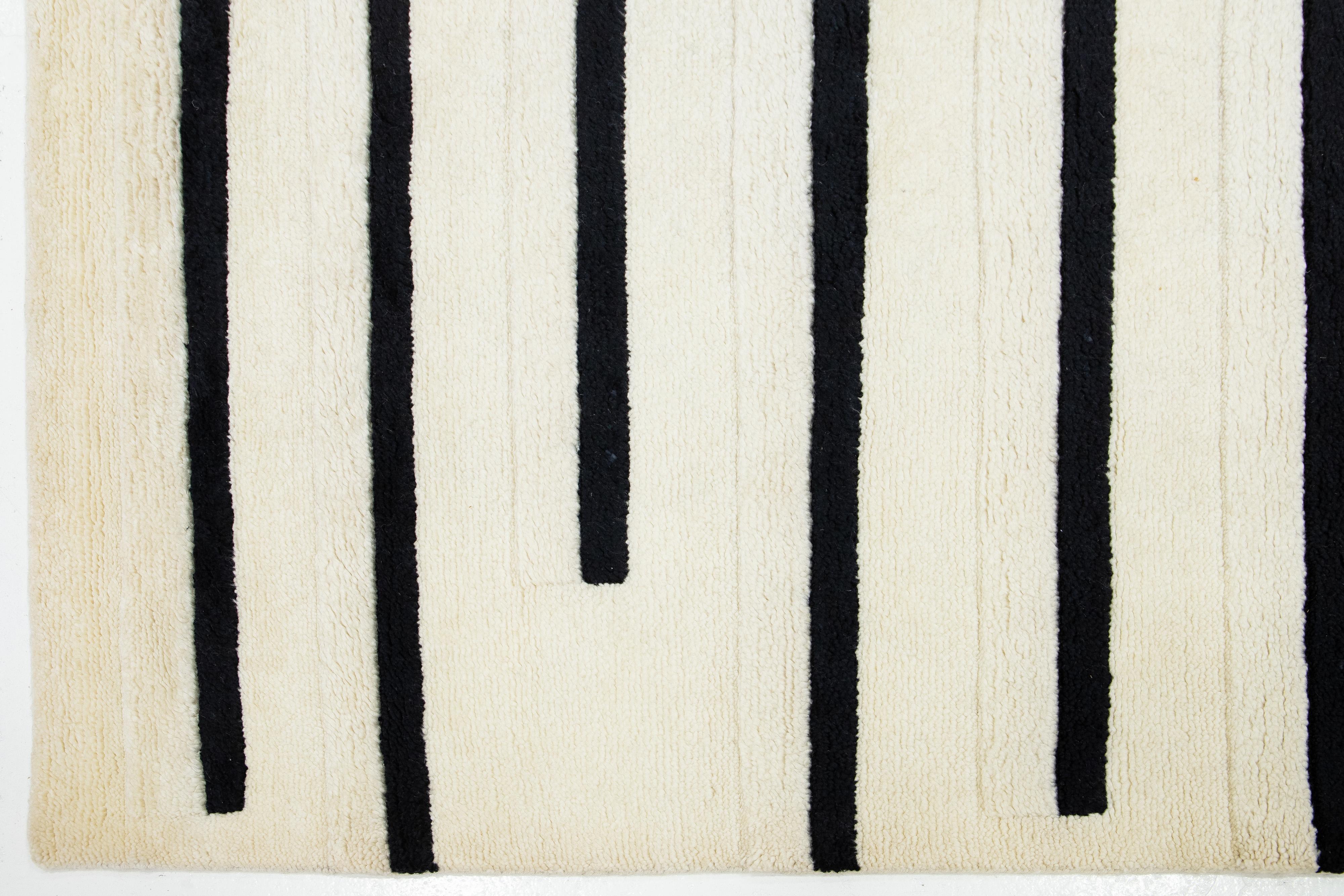 Modern Ivory Moroccan Style Wool Rug with Striped Design For Sale 2