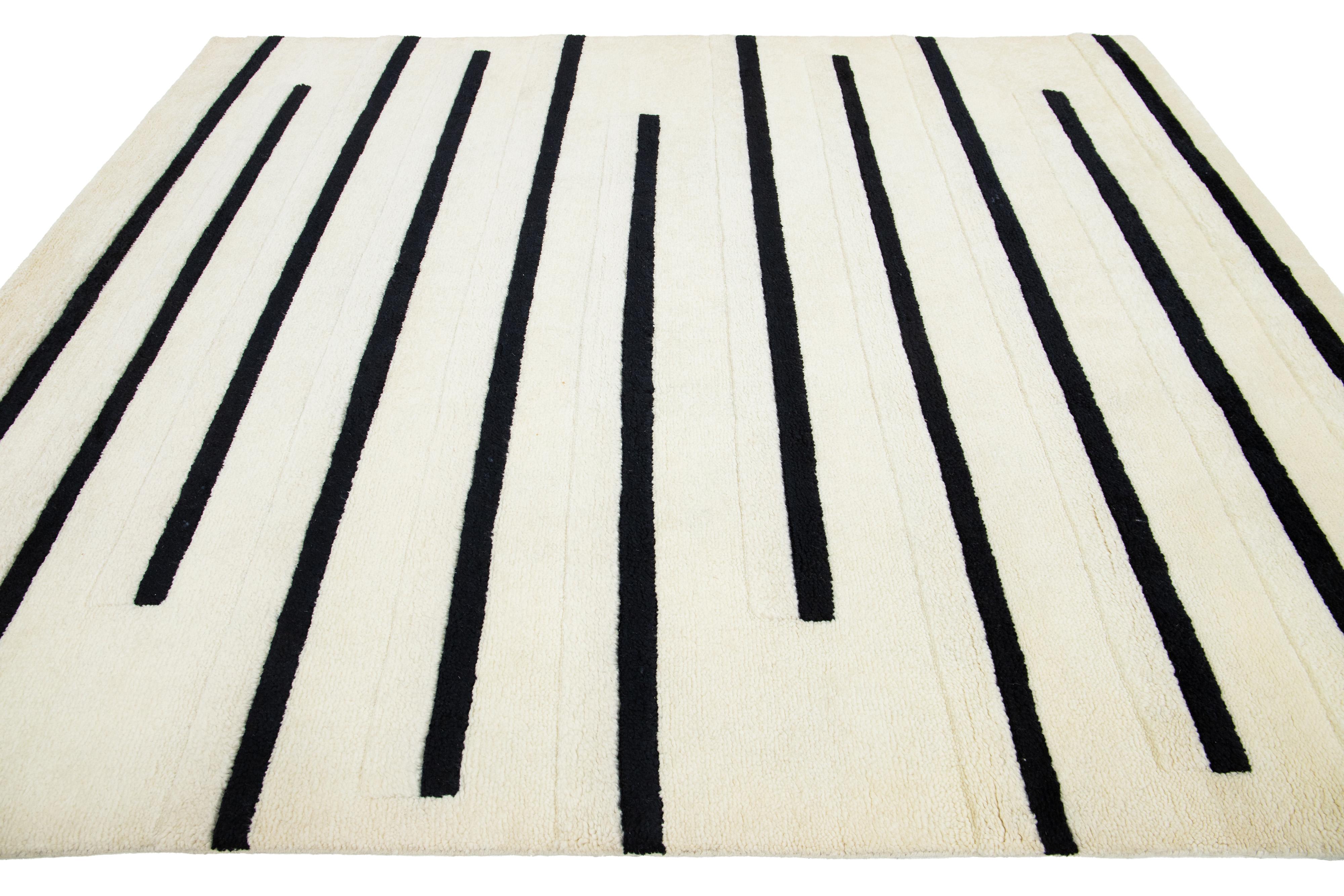 Modern Ivory Moroccan Style Wool Rug with Striped Design For Sale 3