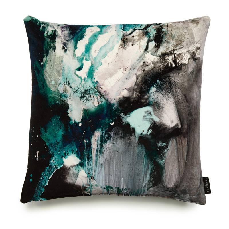 Nebulous Jade cotton velvet cushion by 17 patterns (London, UK) is a sensual marbled design with subtle complementary tones and veins. The original painting was weathered in the open air to fuse the pigments with atmospheric changes. The result is a