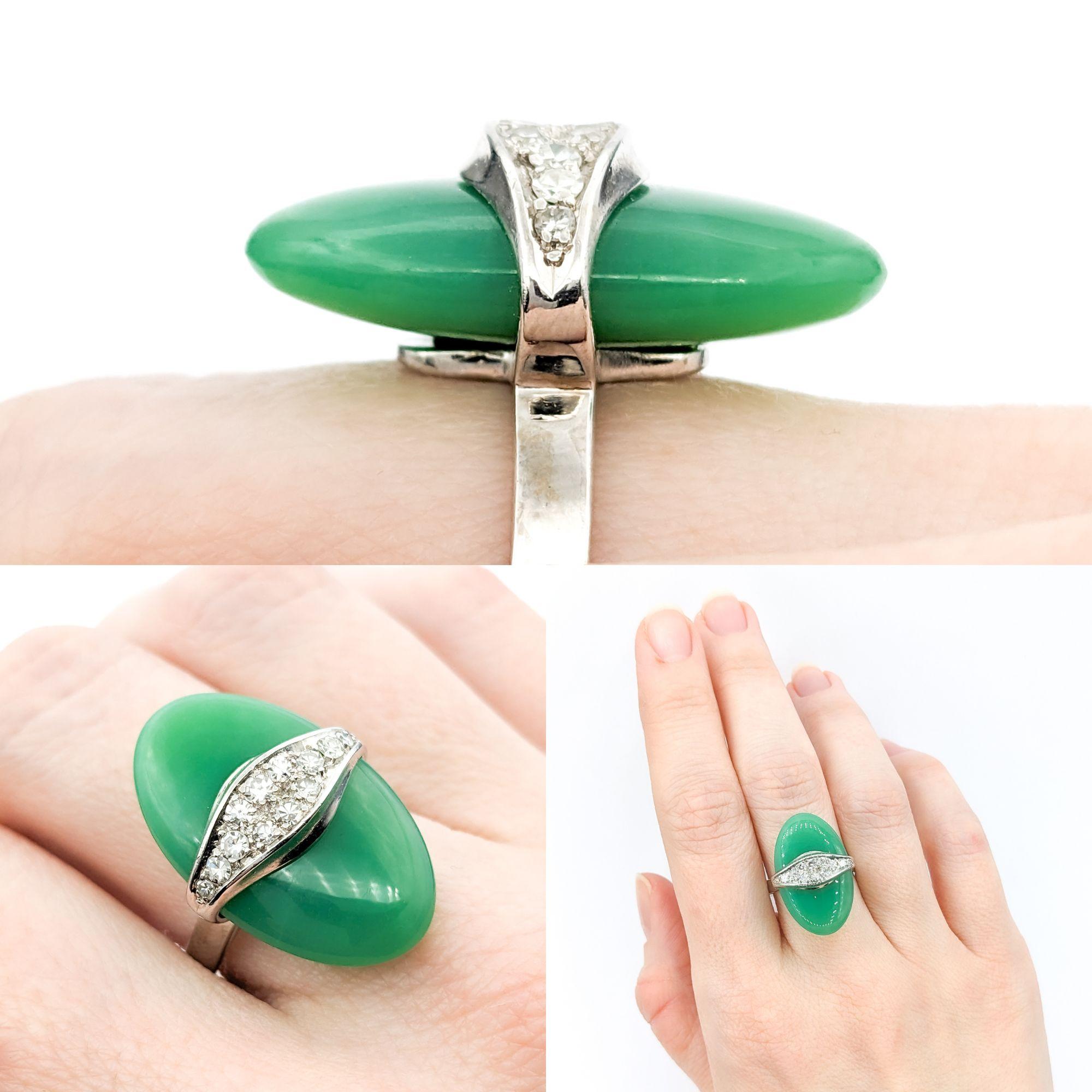 Modern Jade & Diamond Cocktail Ring

This Beautiful Ring is crafted in 14kw White Gold and features .33ctw Round Diamonds . The Sparkly Diamonds are VS2 clarity & F-G color. This piece is Sz8.5 but can be adjusted upon request. Weight is
