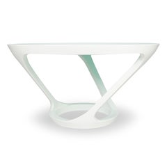 Mesa de Comedor Moderna Jamaicana con Inserción de Cristal Aqua y Laca Blanca